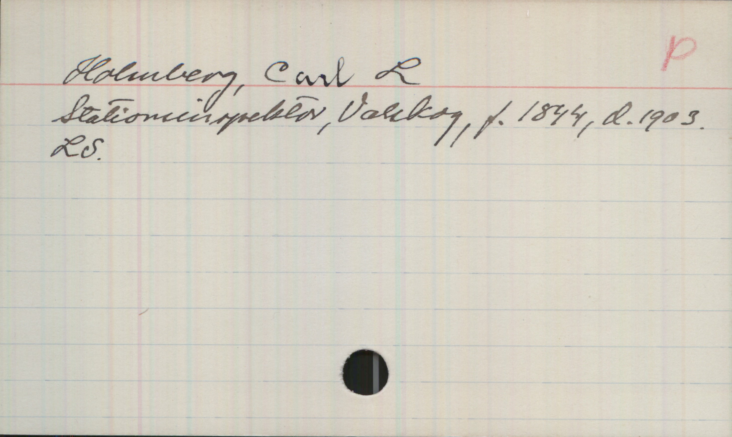 Holmberg, Carl L (1844-1903) Holmberg, Carl L
Stationsinspektör, Valskog, f. 1844, d. 1903.
LS.