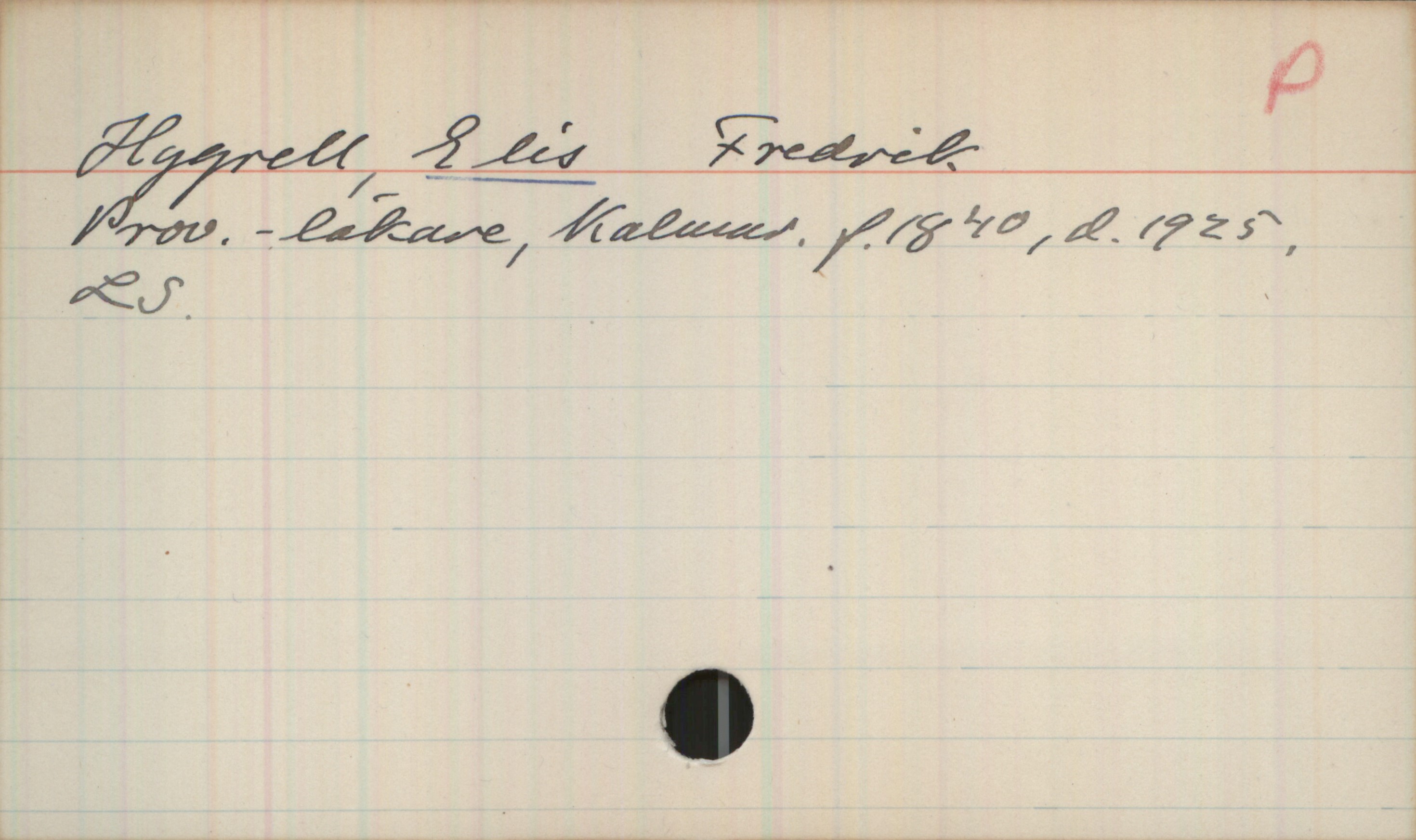 Hygrell, ELIS Fredrik f.1840, d. 1925 Hygrell, ELIS Fredrik
Prov.-läkare, Kalmar. f.1840, d. 1925.
LS.