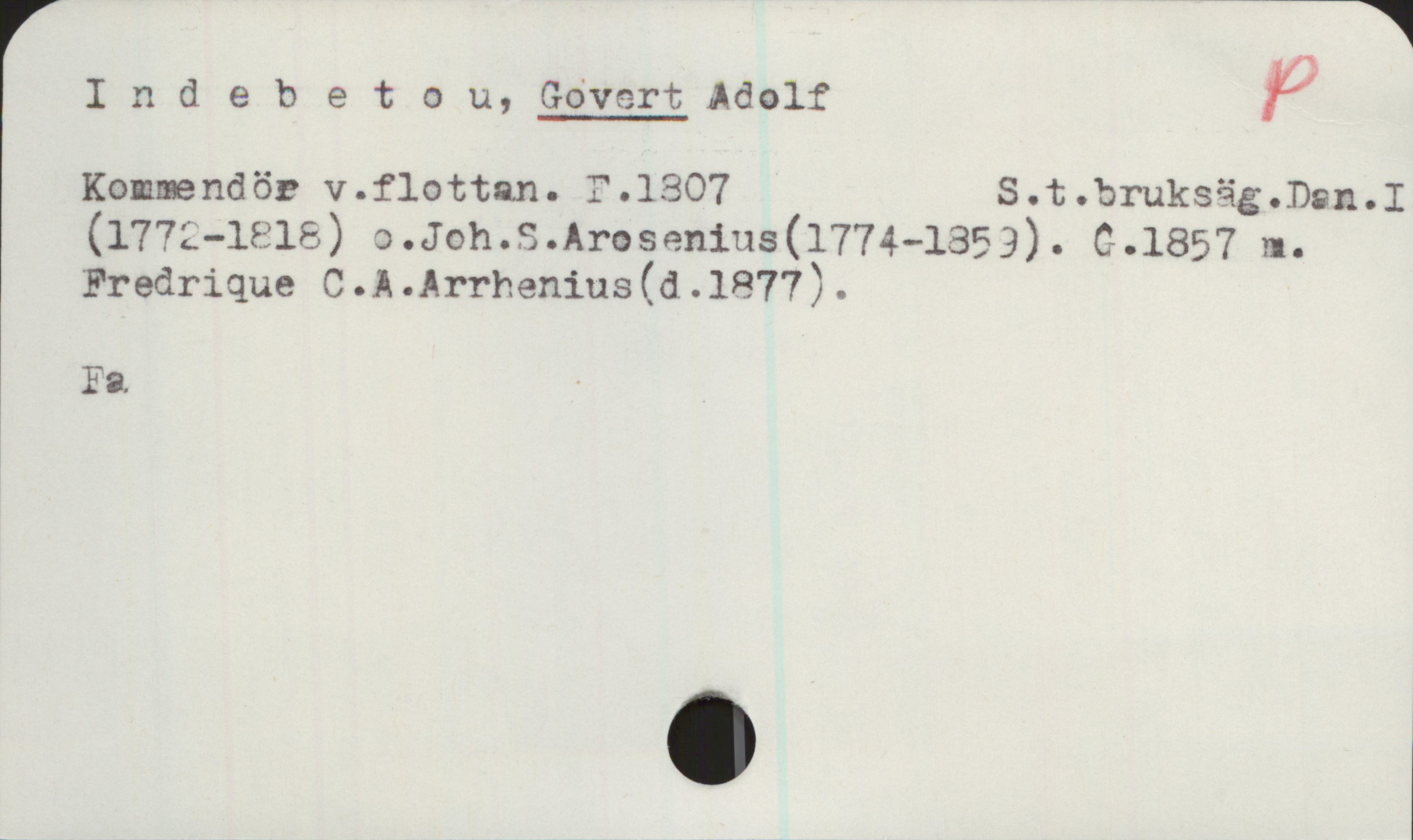 Indebetou, GOVERT Adolf. 1807- Indebetou, GOVERT Adolf

Kommendör v. flottan. F. 1807  S. t. bruksäg. Dan. I
(1772-1818) o. Joh. S. Arosenius (1774—1853). G.1857 m.
Fredrique C. A. Arrhenius (d.1877).

Fa