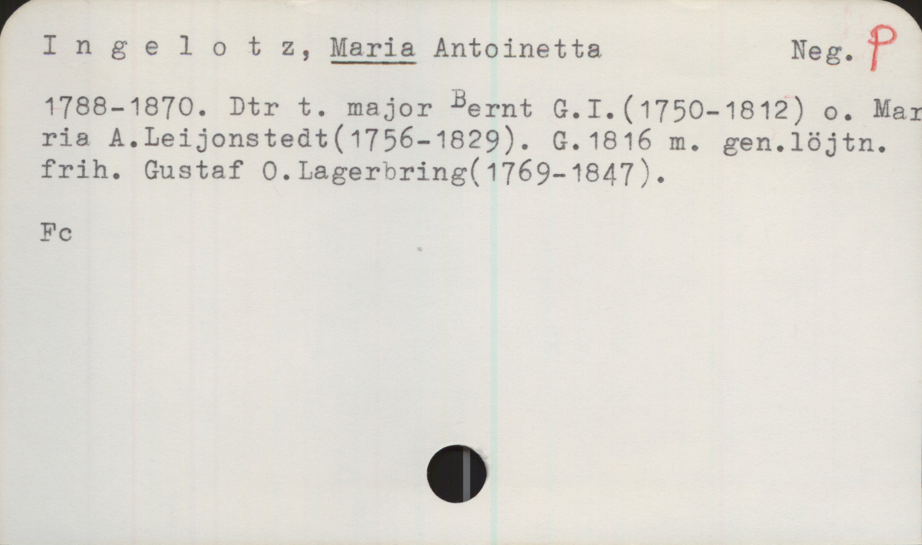 Ingelotz, MARIA Antoinetta. 1788-1870 Ingelotz, MARIA Antoinetta

1788-1870. Dtr t. major Bernt G. I. (1750 - 1812) o. Mar
ria A. Leijonstedt (1756-1829). G.1816 m. gen. löjtn.
frih. Gustaf O. Lagerbring (1769-1847).

Fc