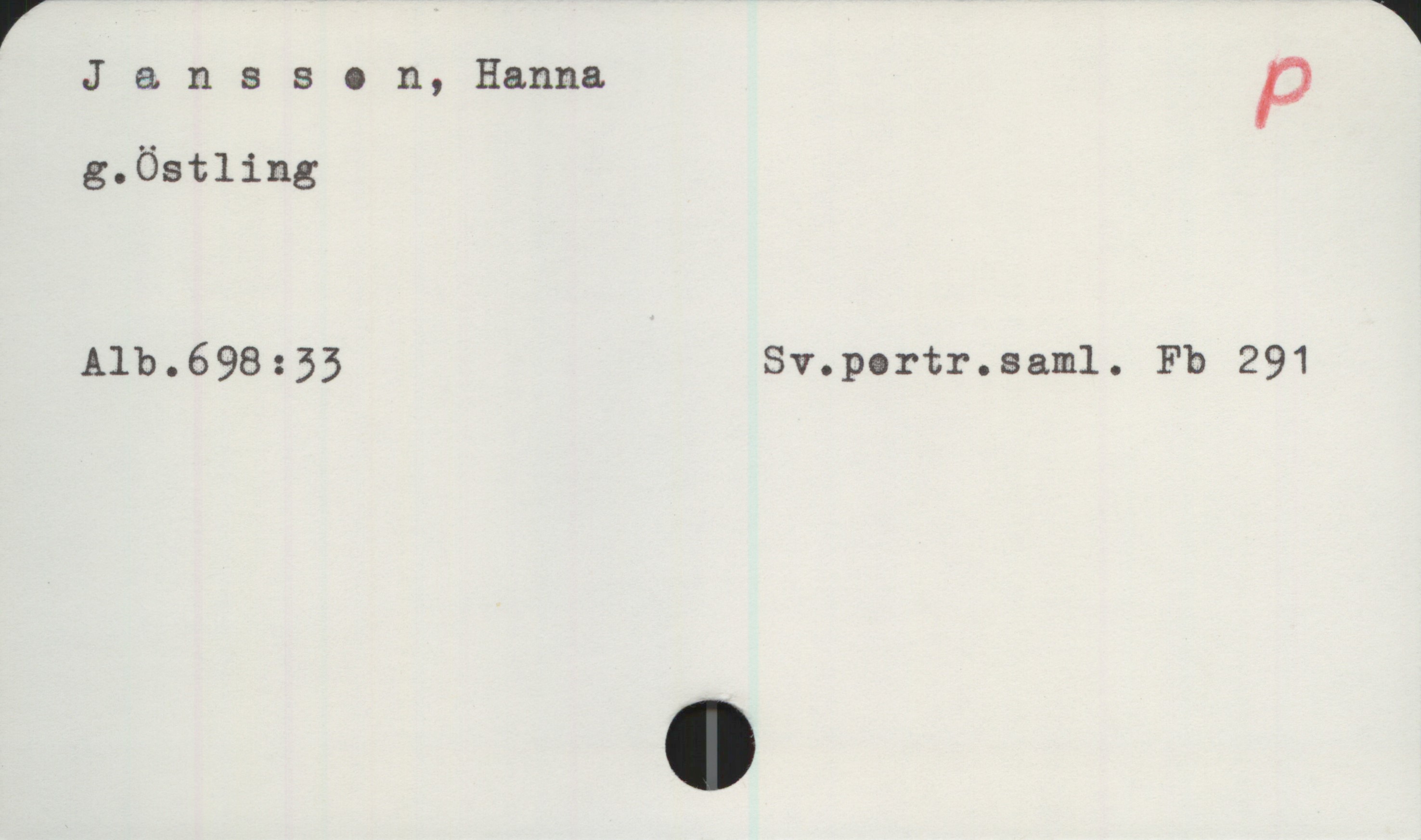 Jansson, Hanna Jansson, Hanna

g. Östling

Alb. 698:33  Sv.portr.saml. Fb 291