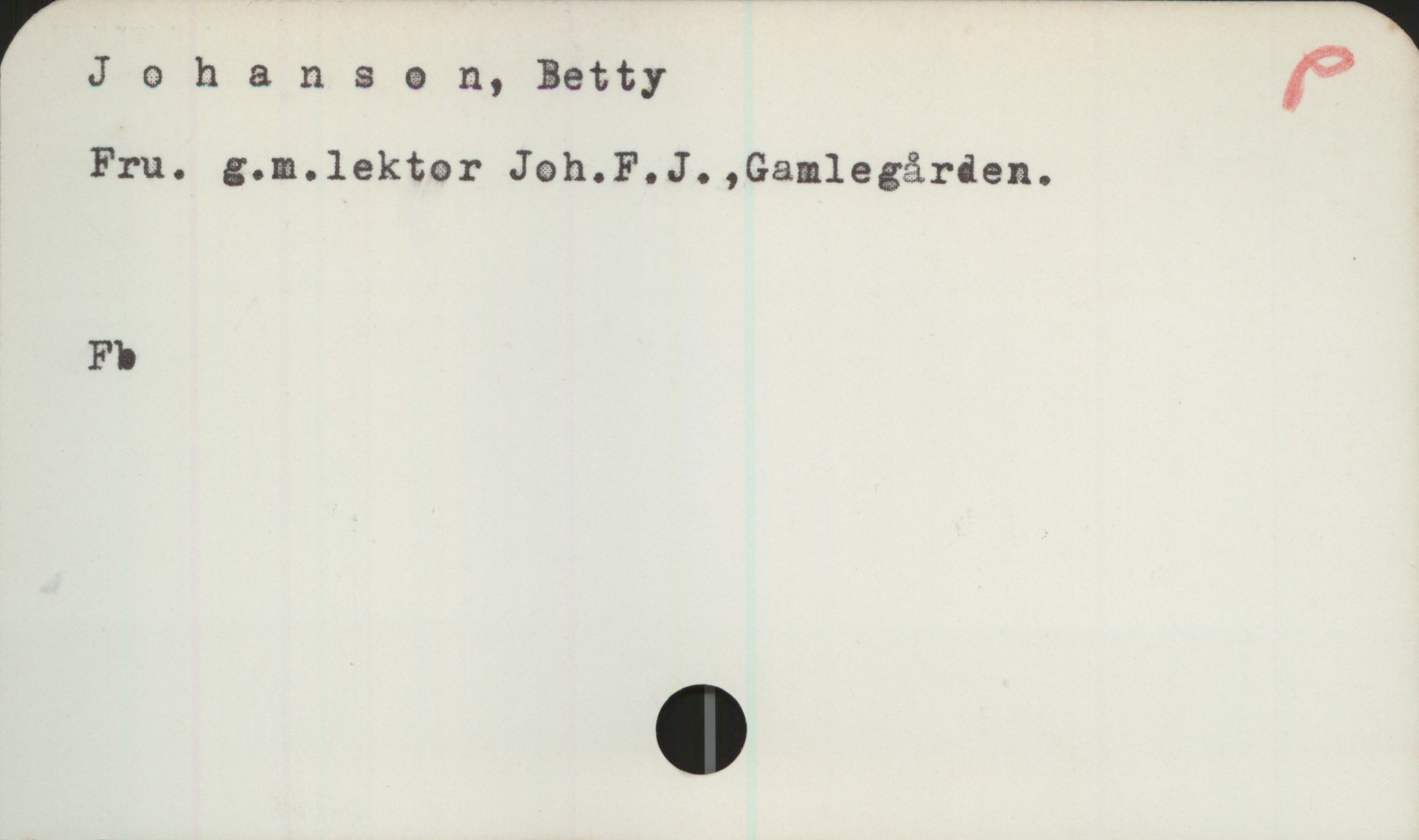 Johanson, Betty. Fru Johanson, Betty

Fru. g. m. lektor Joh. F. J., Gamlegården.

Fb