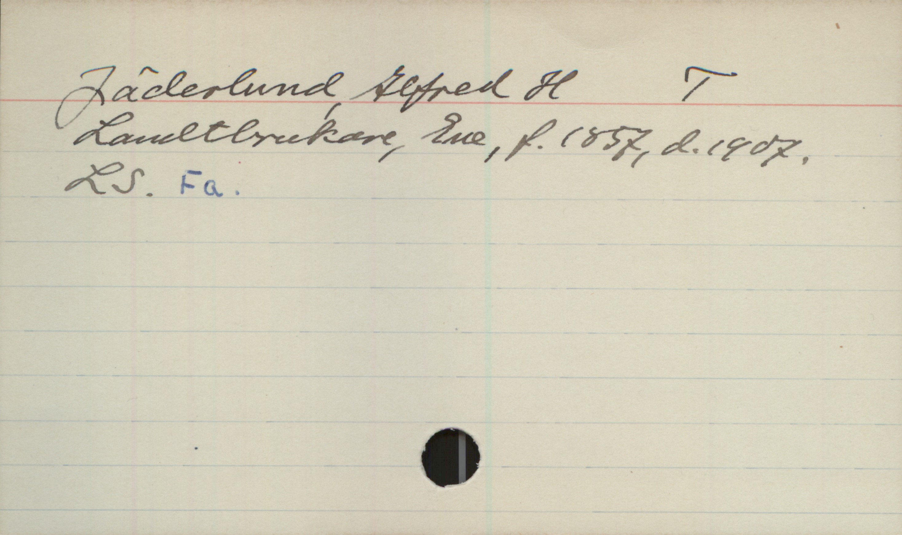 Jäderlund, Alfred H T 1857-1907 Jäderlund, Alfred H     T
Landtbrukare, Ene, f. 1857, d. 1907
LS, Fa