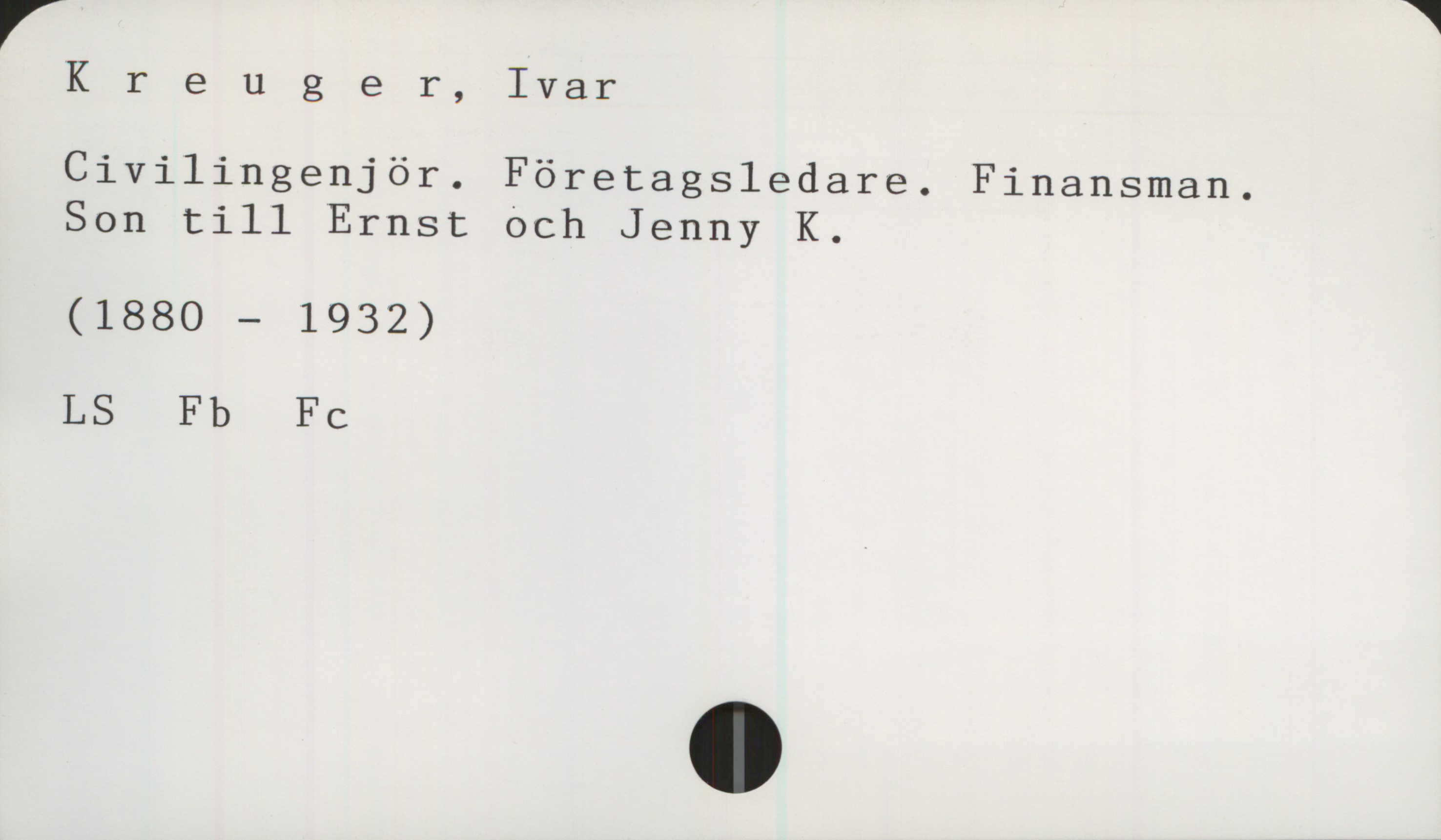 Kreuger, Ivar (1880-1932) Kreuger, Ivar
Civilingenjör. Företagsledare. Finansman.
Son till Ernst Och Jenny K.

(1880 — 1932)

LS Fb Fc