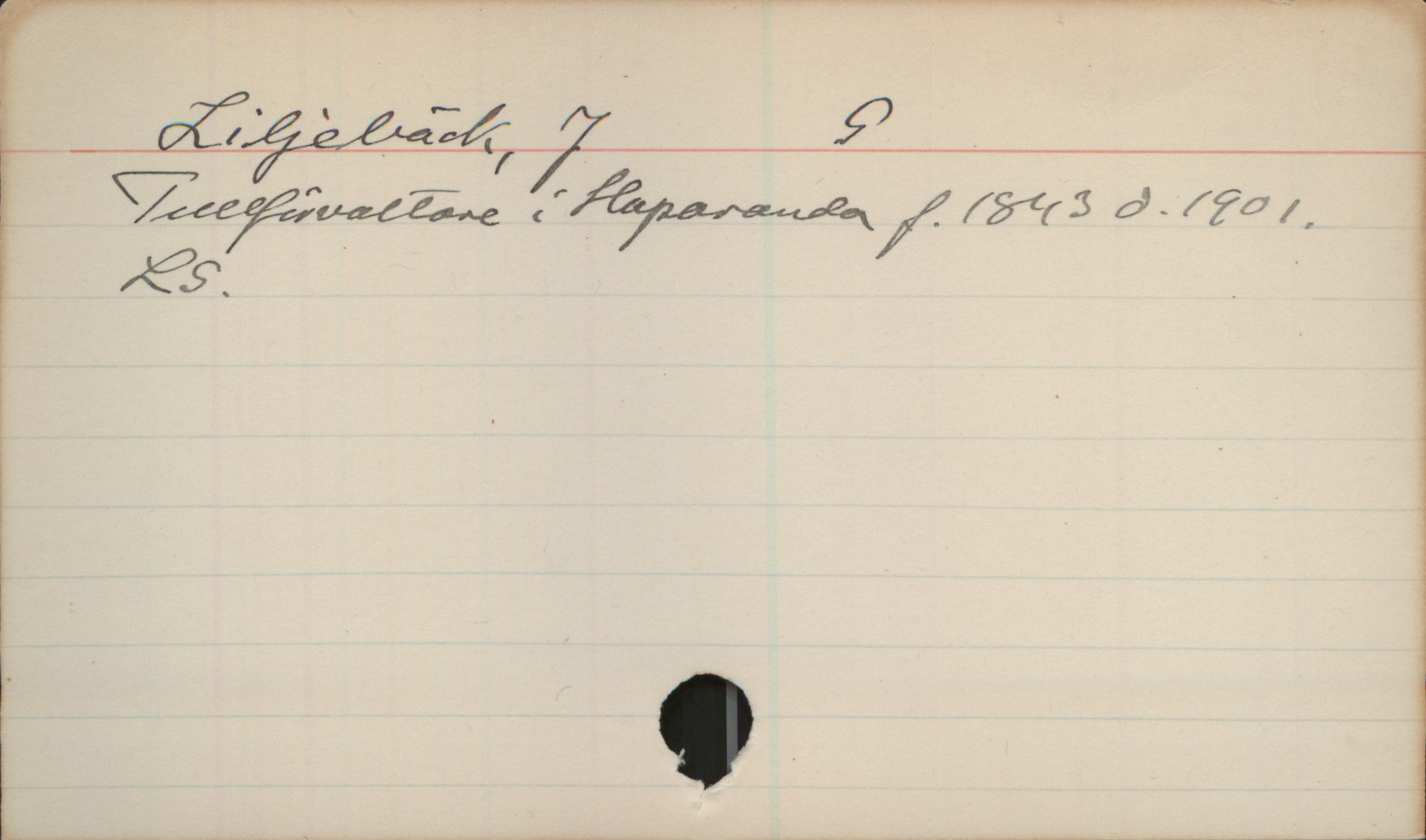 Liljebäck, J. G. (1843-1901) Liljebäck, J  G
Tullförvaltare i Haparanda f.1843 d.1901.
LS.