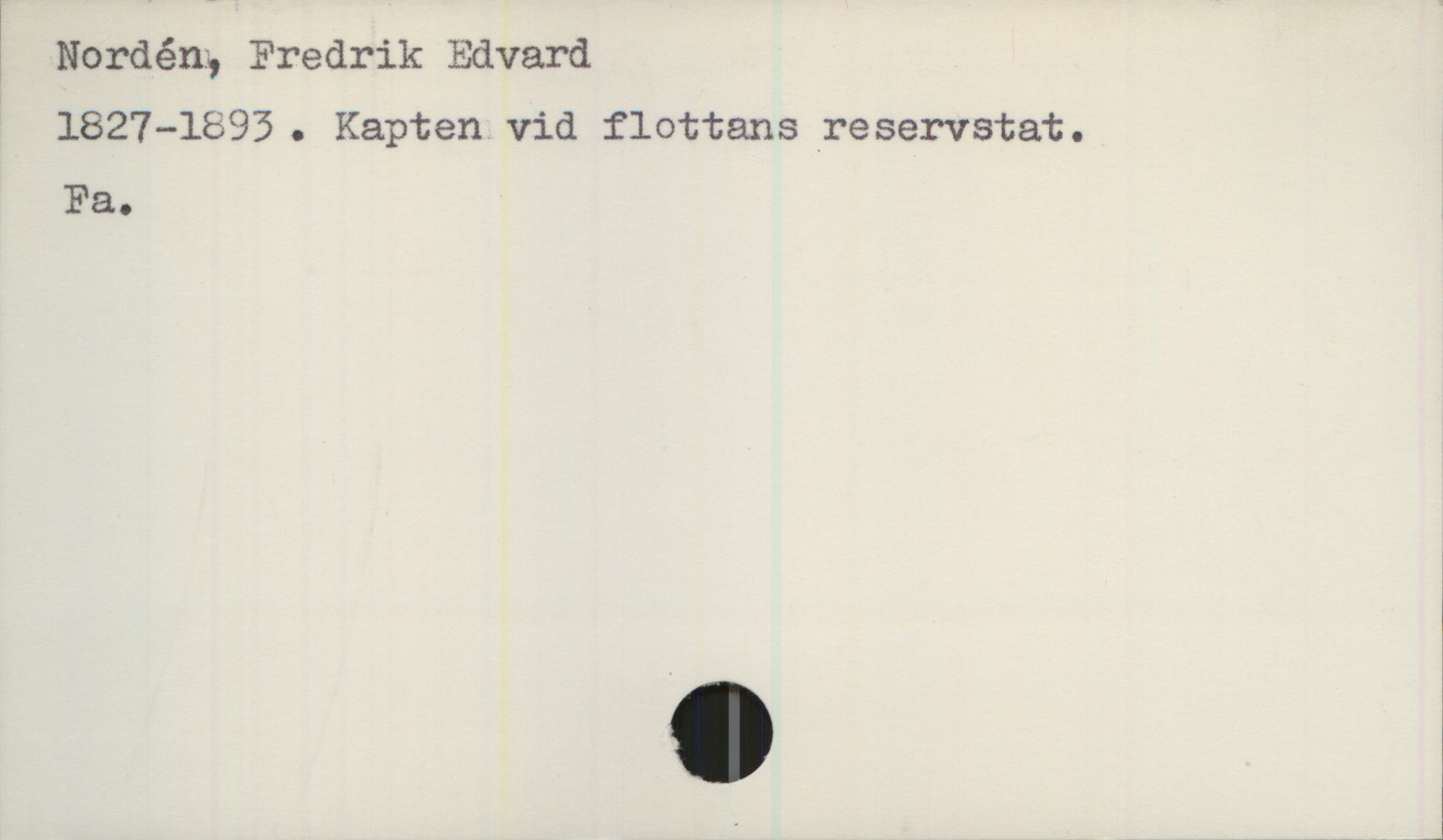 Nordén, Fredrik Edvard (1827-1893) Nordén, Fredrik Edvard
1827-1893. Kapten vid flottans reservstat.
Fa.