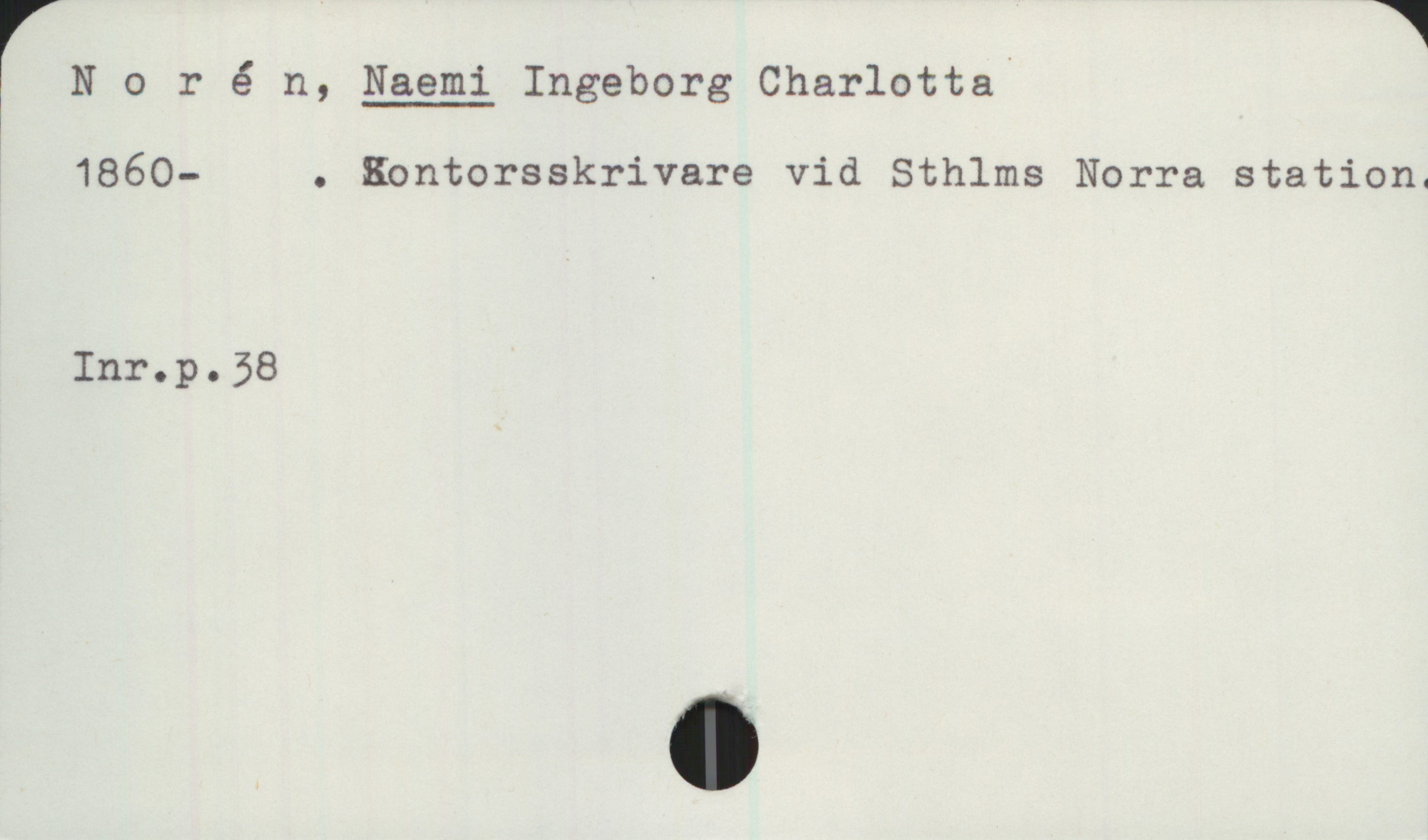  1
FNorån, Naemi Ingeborg Charlotta)
f 1860- . antorsskrivare vid Sthlms Norra station.
Inr.p.58

