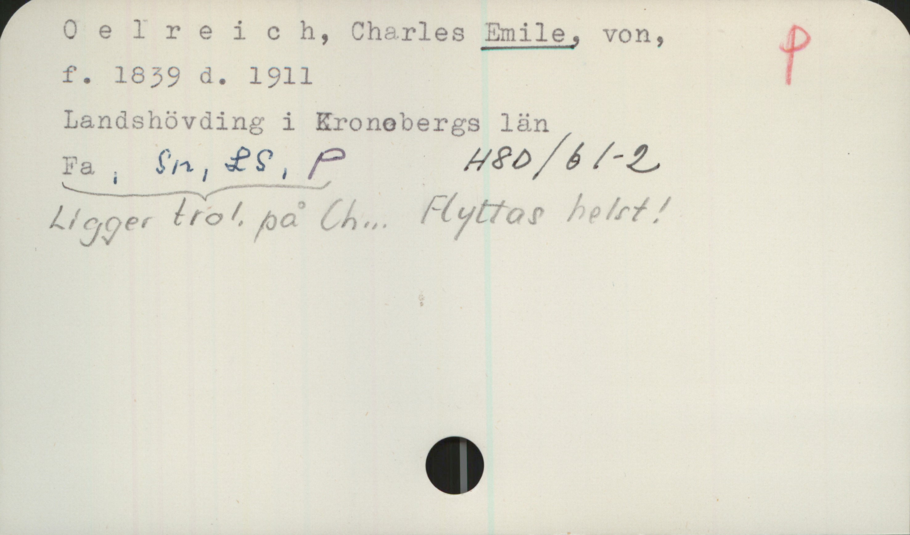 Oelreich, Charles EMILE, von (1839-1911) Oelreich, Charles EMILE, von,
f. 1839 d. 1911
Landshövding i Kronobergs län
Fa, Sn, LS, P H8D/b1-2