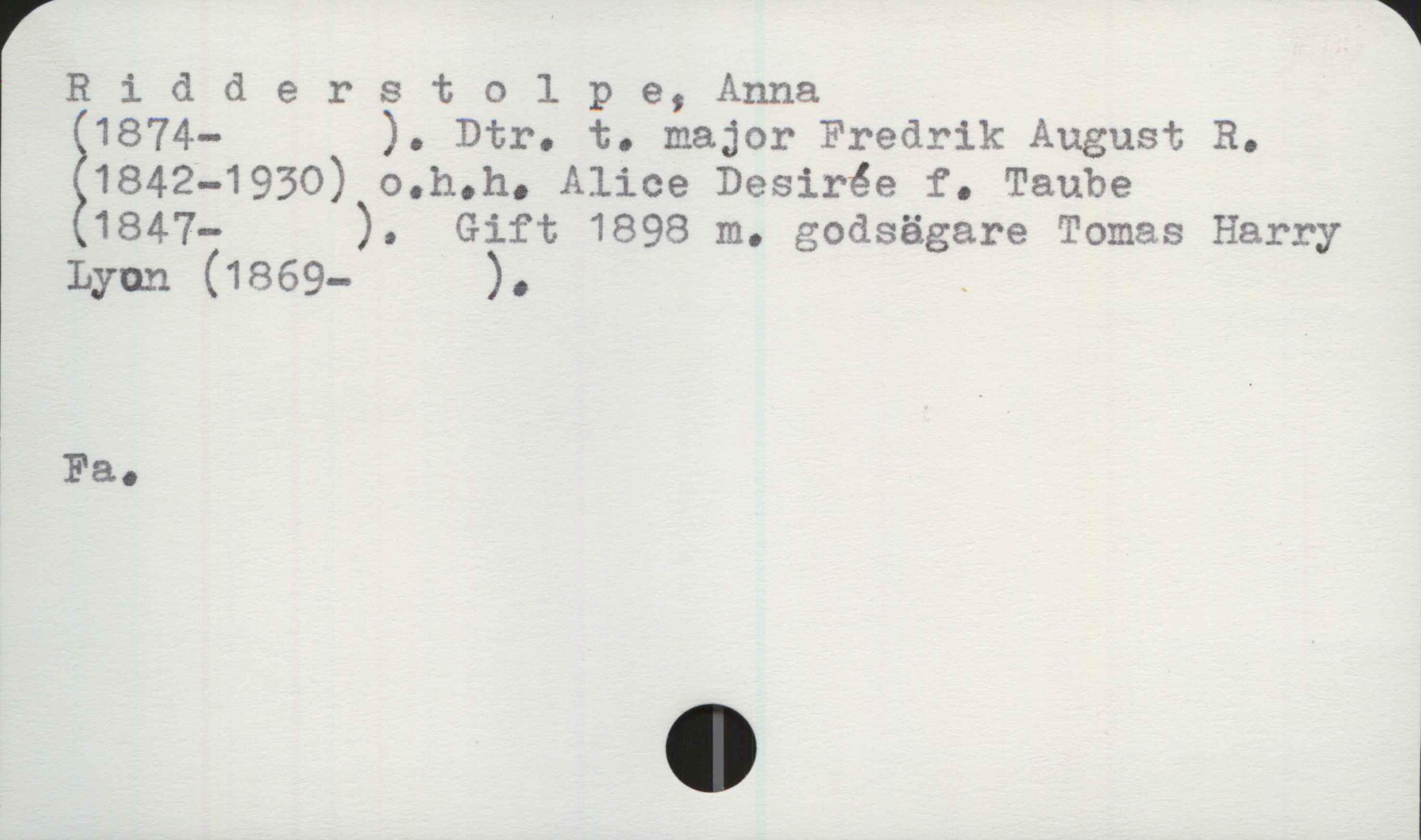 Ridderstolpe, Anna (1874-) Ridderstolpe, Anna
(1874- ). Dtr. t. major Fredrik August R.(1842-1930)
o.h.h. Alice Desirée f. Taube(1847- ).
Gift 1898 m. godsägare Tomas Harry 
Lyon(1869- ).
Fa