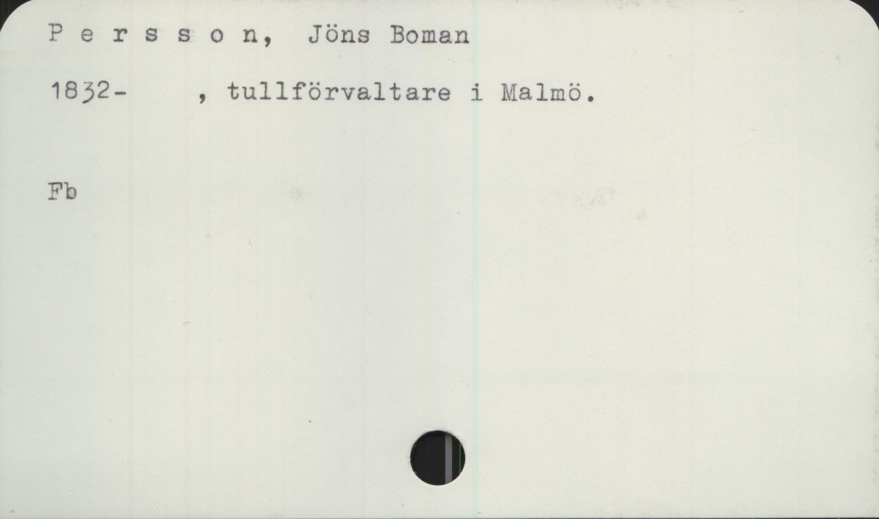 Persson, Jöns Boman (1832-) Persson, Jöns Boman 
1852- , tullförvaltare i Malmö.
Fb
