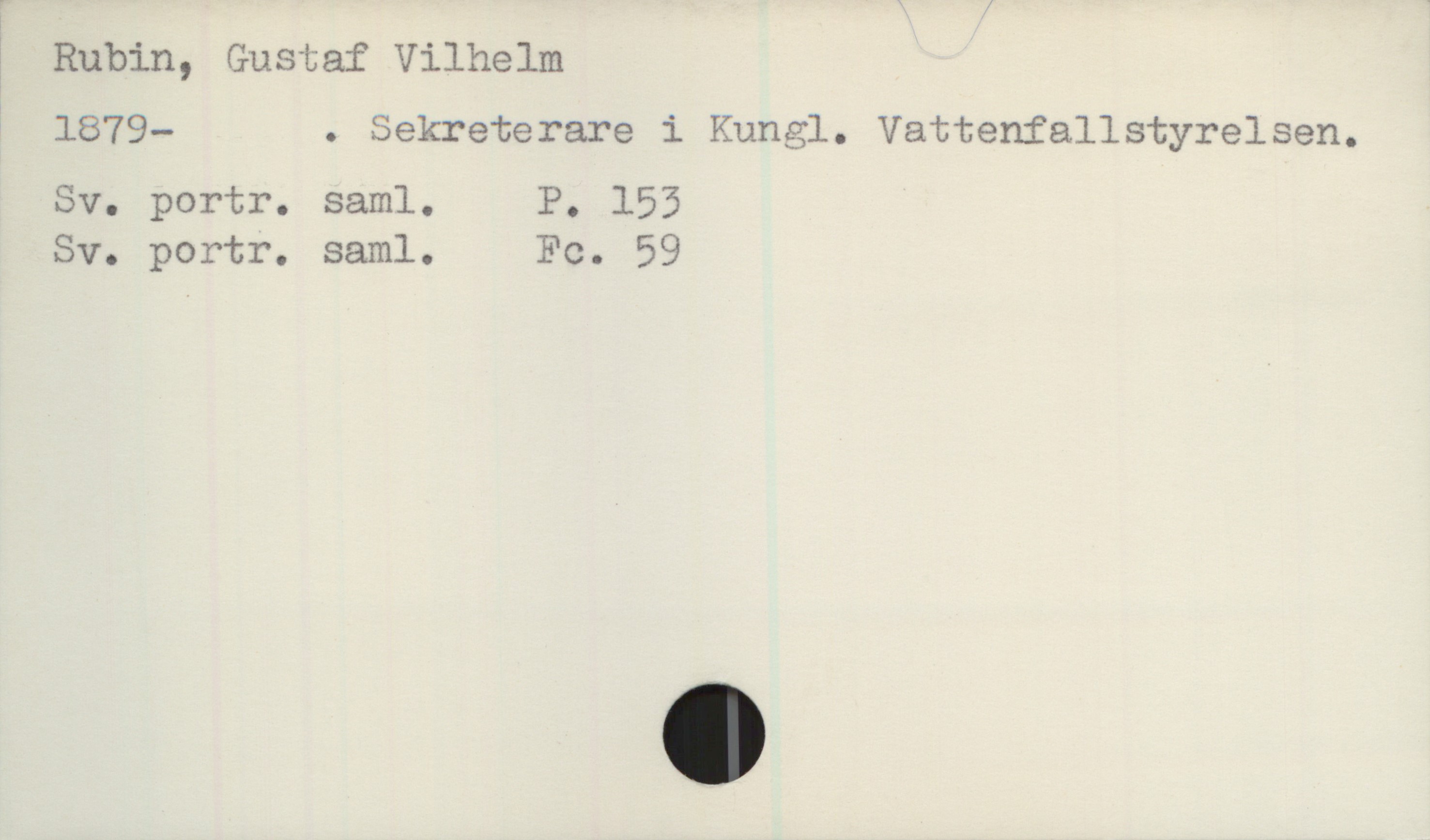 Rubin, Gustaf Vilhelm. 1879- Rubin, Gustaf Vilhelm
1879- . Sekreterare i Kungl. Vattenfallstyrelsen.
Sv.portr.saml. P. 153
Sv.portr.saml. Fc. 59