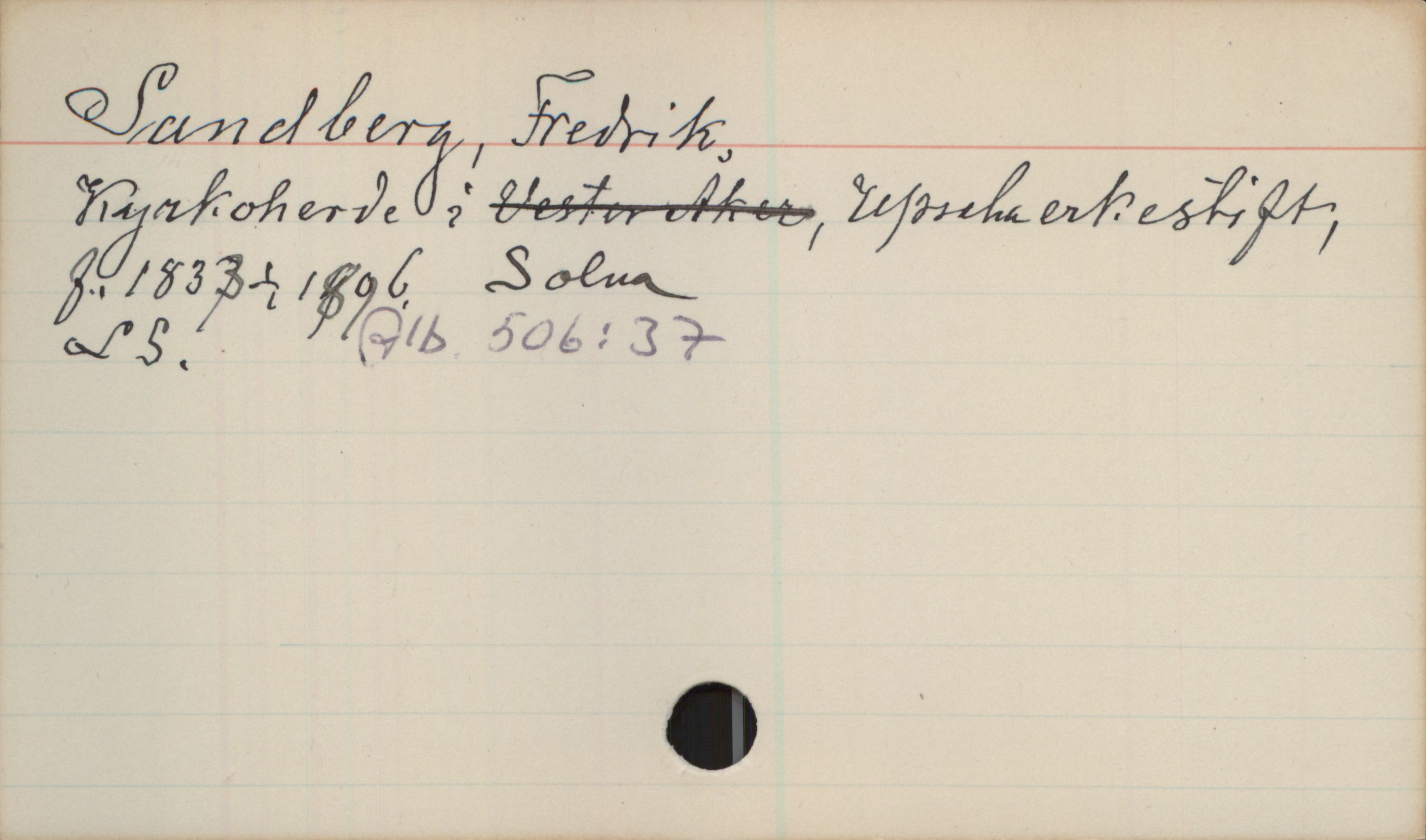 Sandberg, Fredrik (1833-1896) Sandberg, Fredrik
Kyrkoherde i Upsala erkestift, f.1833-1896. Solna
LS. Alb.506:37