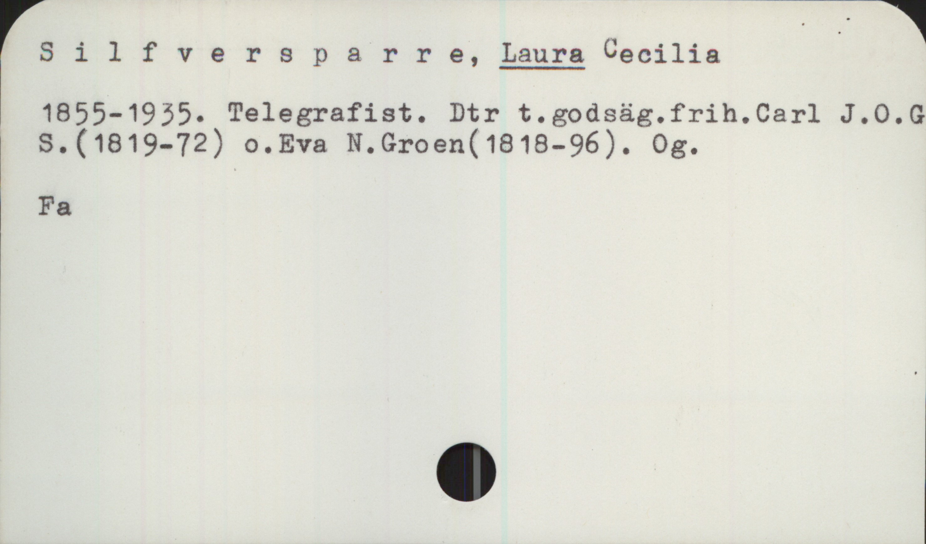 Silfversparre, LAURA Cecilia (1855-1935) Silfversparre, LAURA Cecilia

1855-1935. Telegrafist. Dtr t.godsäg.frih.Carl J.O.G. S.(1819-72) 
o. Eva N. Groen(1818-96). Og.

Fa