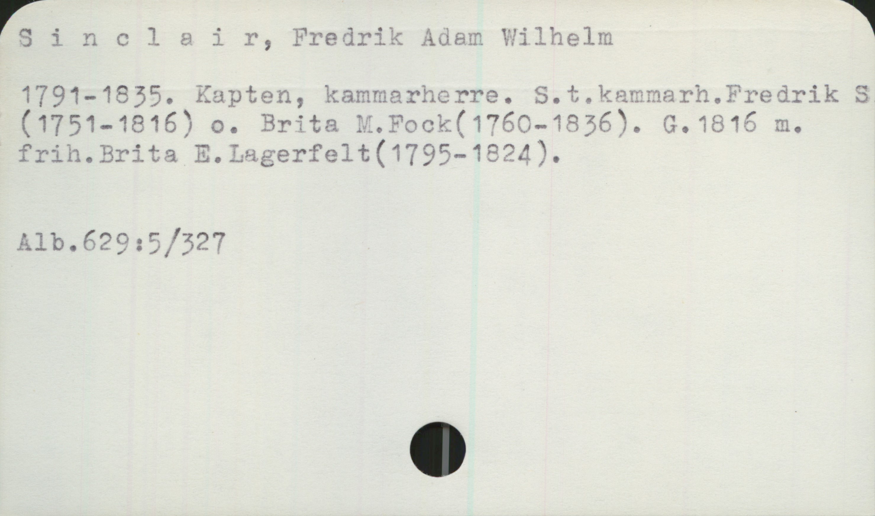 Sinclair, Fredrik Adam Wilhelm (1791-1835) Sinclair, Fredrik Adam Wilhelm

1791-1835. 
Kapten, kammarherre. 
S.t. kammarh. Fredrik S. (1751-1816)
o. Brita m. Fock (1760-1836). 
G.1816 m. frih. 
Brita E. Lagerfelt (1795-1824).

Alb.629:5/327