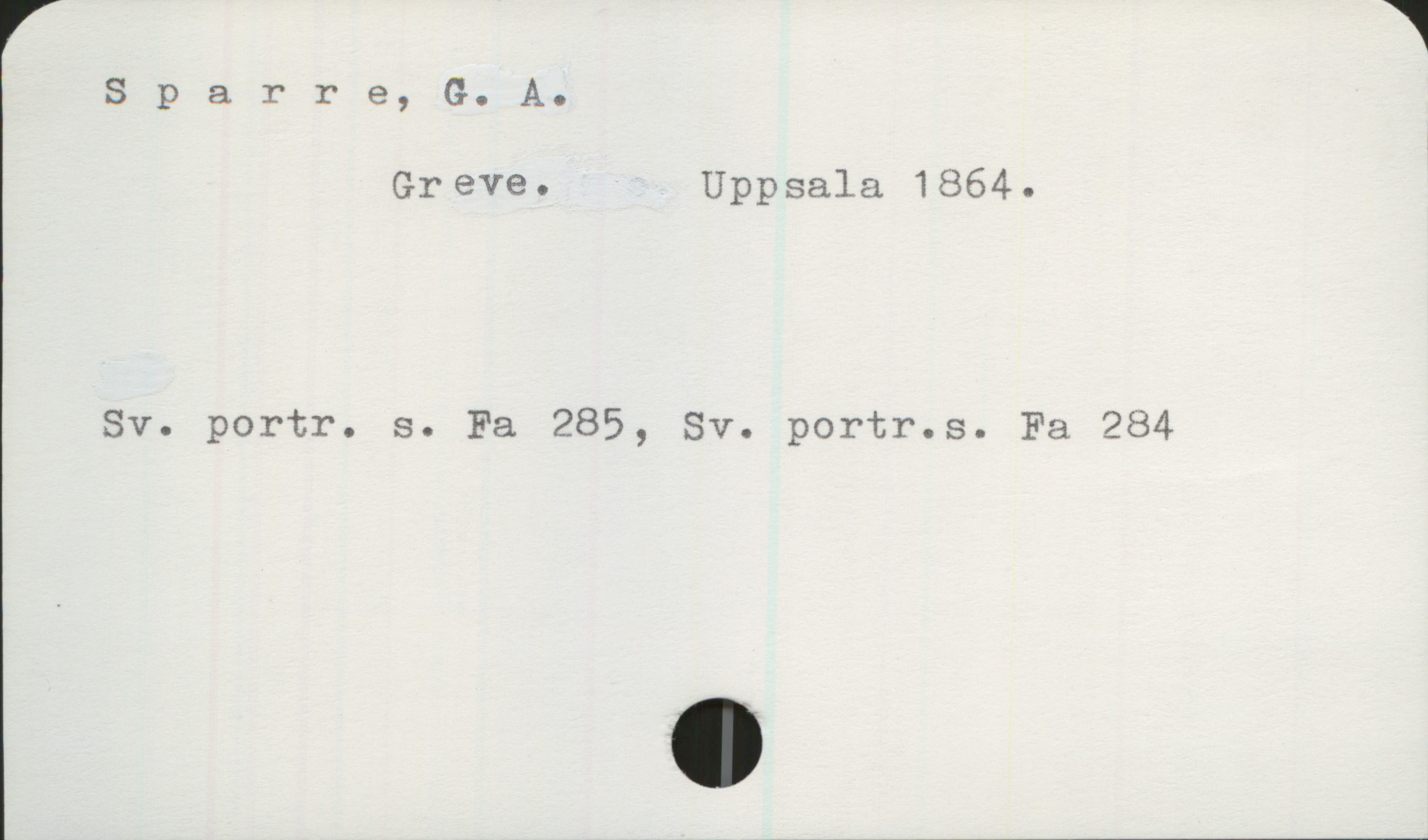 Sparre, G. A. Sparre, G. A. 

Greve. Uppsala 1864. 

Sv. portr. s. Fa 285, Sv. portr.s. Fa 284