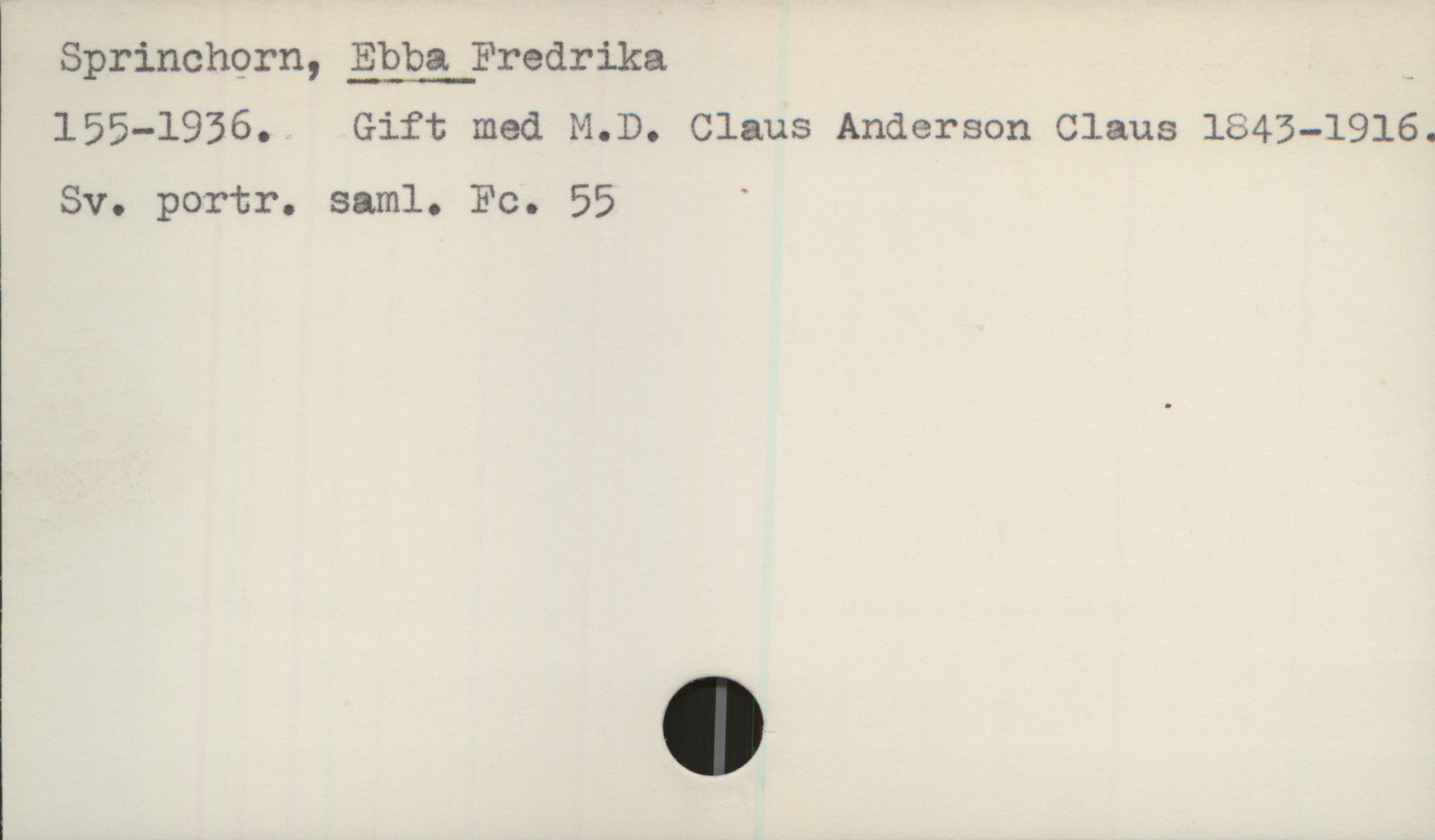 Sprinchorn, EBBA Fredrika (1855-1936) Sprinchorn, EBBA Fredrika
155-1936. Gift med M.D. Claus Anderson Claus 1843-1916.
Sv. portr. saml. Fc. 55