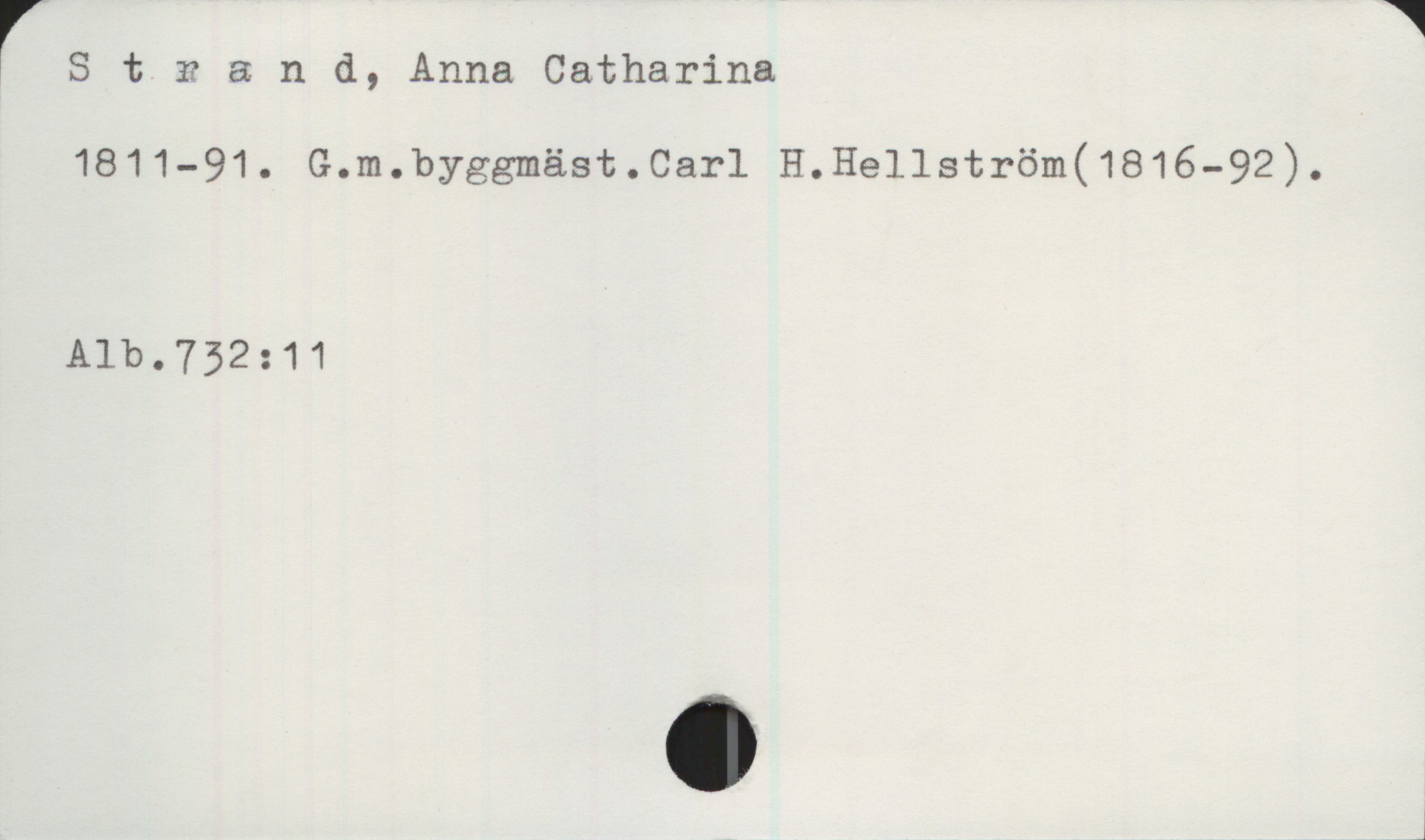 Strand, Anna Catharina (1811-1891) Strand, Anna Catharina
1811-91. G.m.byggmäst.Carl H.Hellström(1816-92).
Alb.732:11