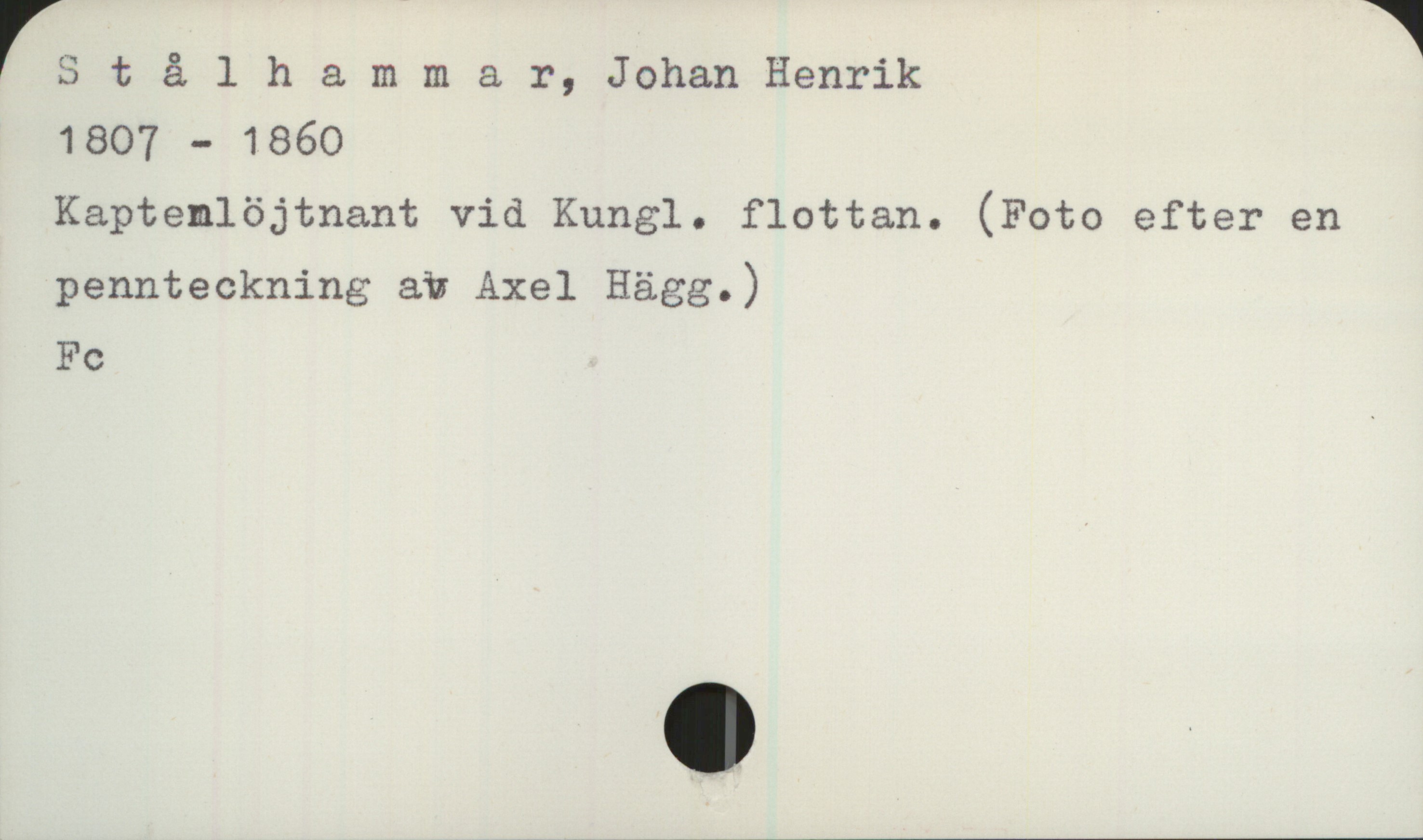 Stålhammar, Johan Henrik  (1807-1860) Stålhammar, Johan Henrik 
1807 - 1860
Kaptenlöjtnant vid Kungl. flottan. (Foto efter en pennteckning av Axel Hägg.)
Fc
