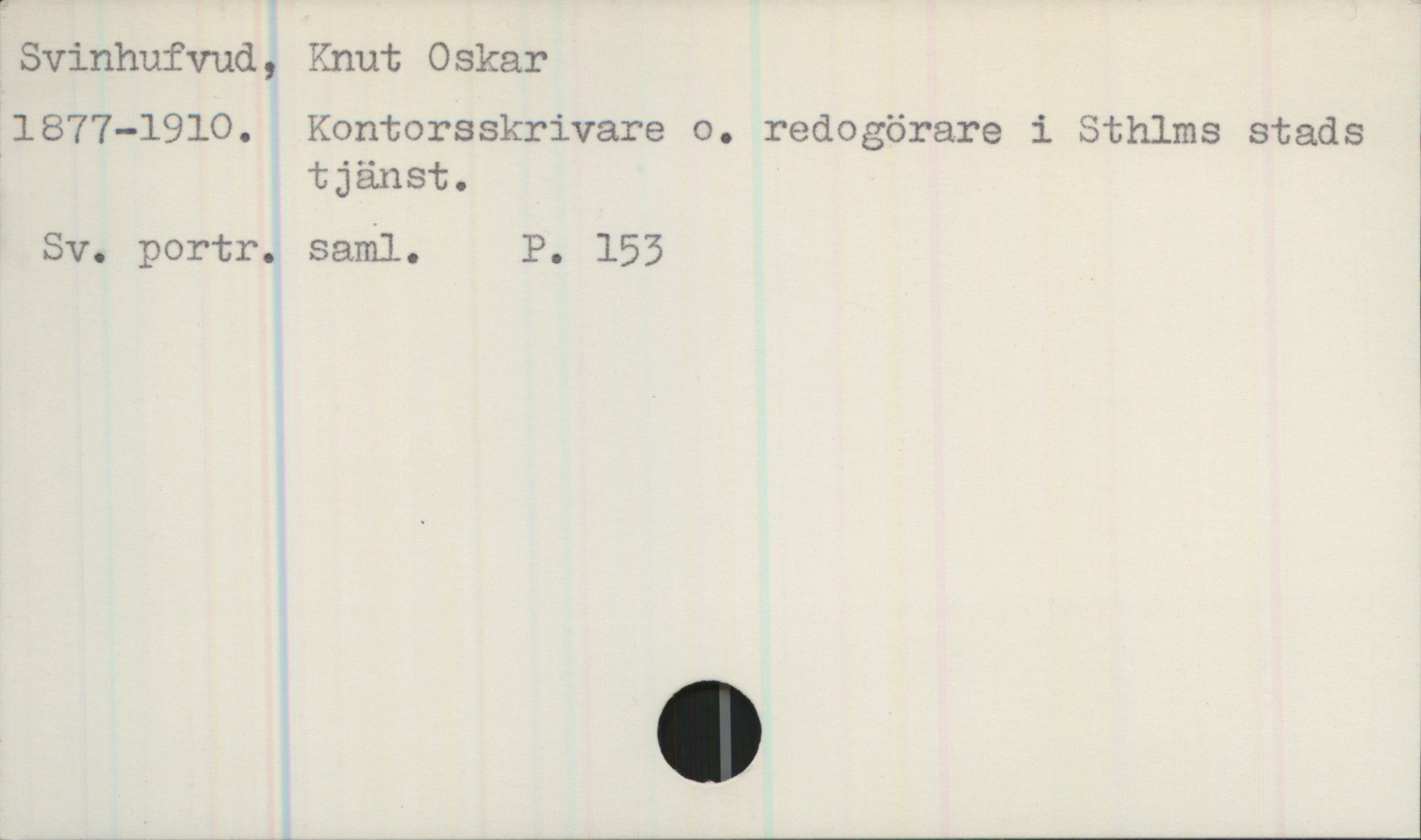 Svinhufvud, Knut Oskar 1877-1910 Svinhufvud, Knut Oskar
1877-1910. Kontorsskrivare o. redogörare i Sthlms stads tjänst.

Sv. portr. saml. P. 153