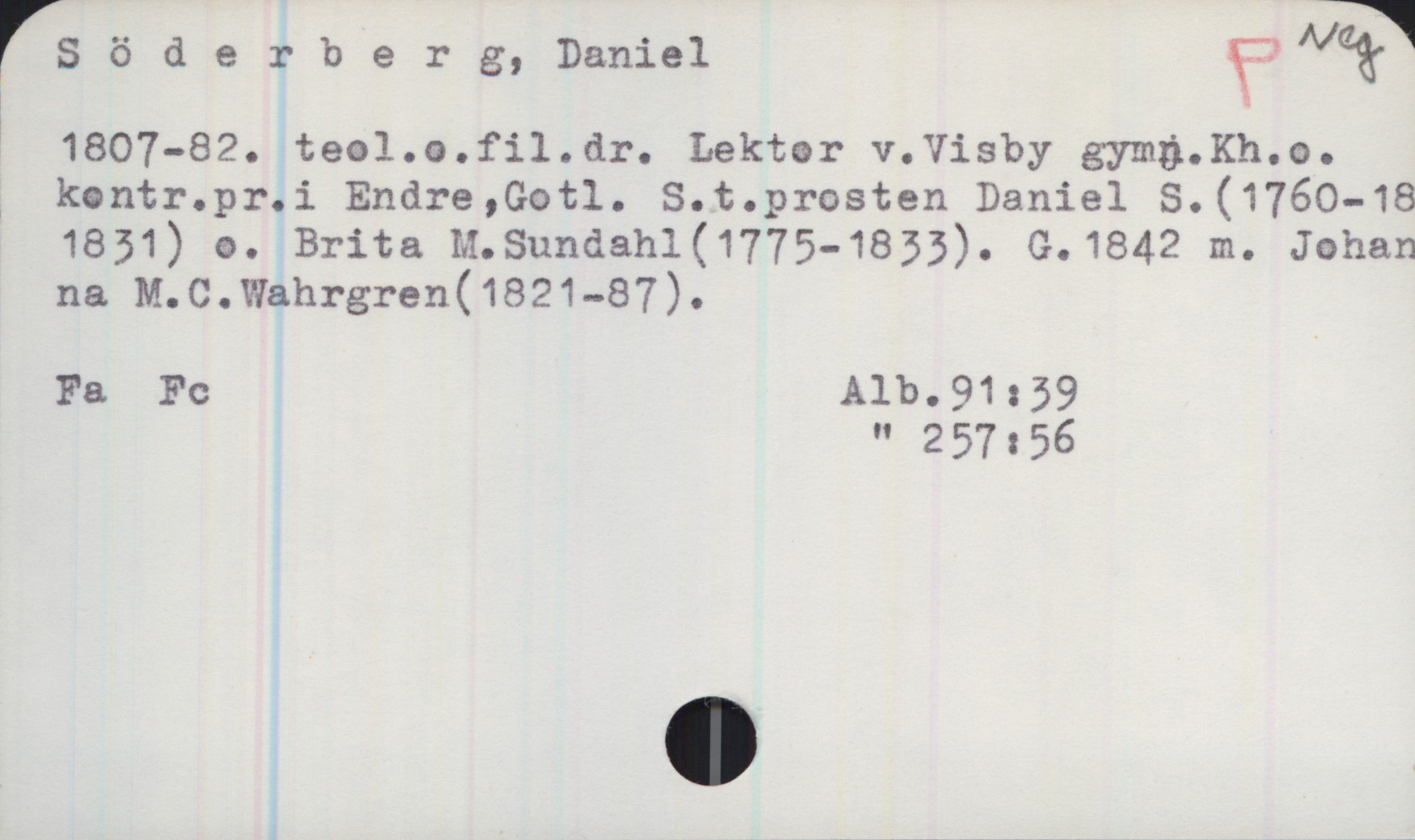 Söderberg, Daniel 1807-82 Söderberg, Daniel
1807-82. teol.o.fil.dr. Lektor v.Visby gymn.Kh.o.
kontr.pr.i Endre,Gotl. S.t.prosten Daniel S.(1760-18
1831) o. Brita M.Sundahl(1775-1833). G.1842 m. Johanna M.C.Wahrgren(1821-87).

Fa Fc Alb.91:39
Alb 257x56
