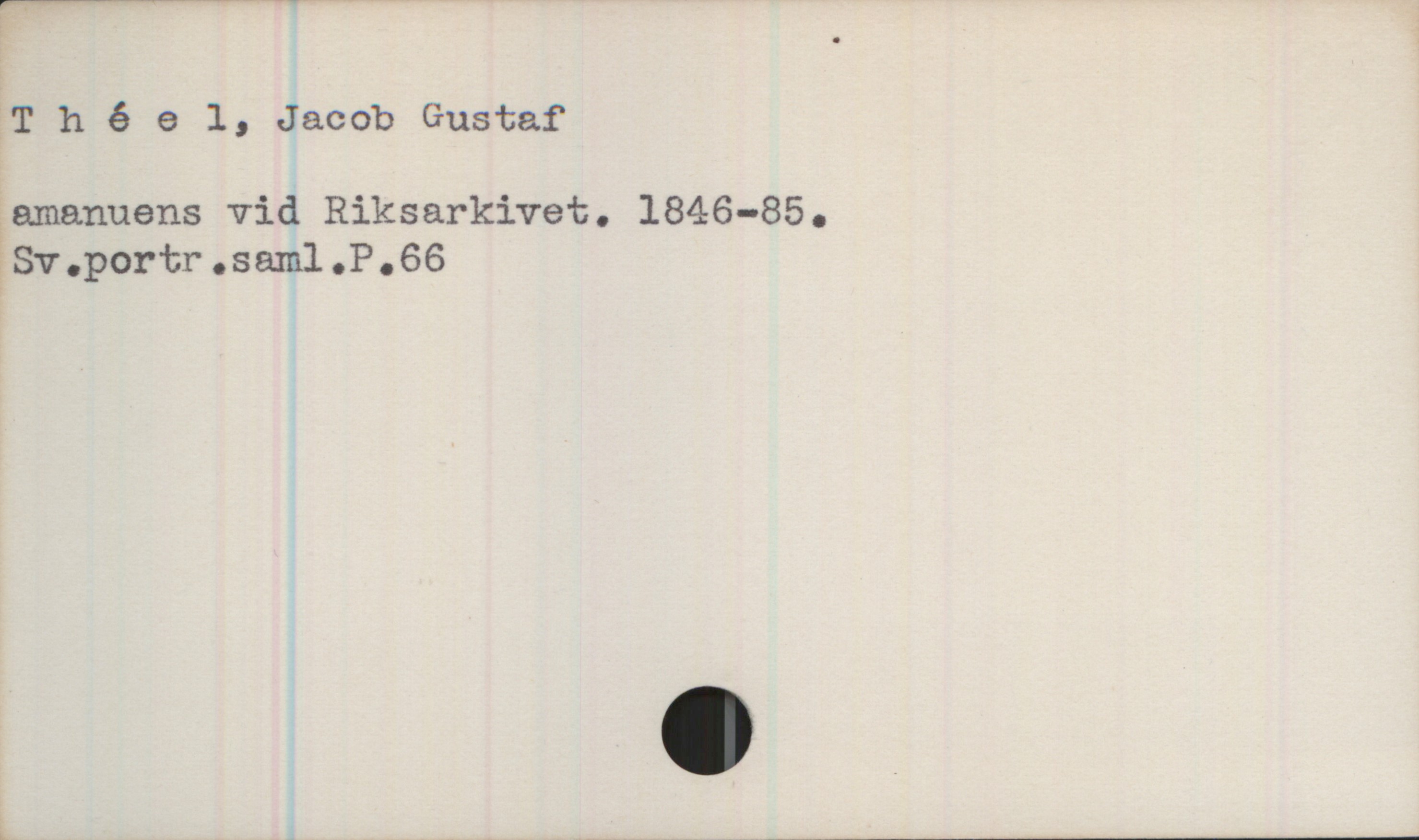 Théel, Jacob Gustaf (1846-1885) Théel, Jacob Gustaf
amanuens vid Riksarkivet. 1846-85.
Sv.portr.saml.P.66