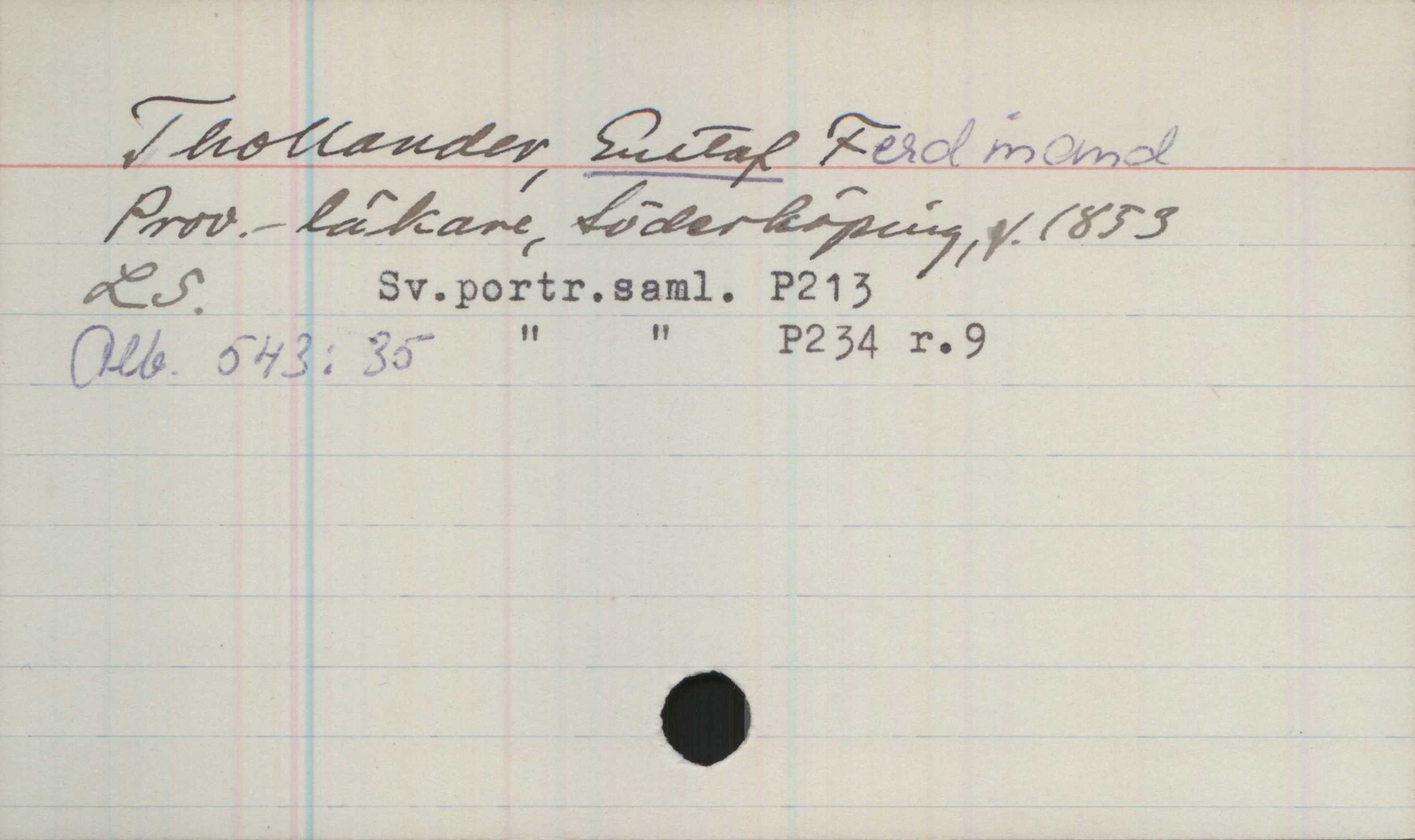 Thollander, GUSTAF Ferdinand (1853-) Thollander, GUSTAF Ferdinand
Prov.-läkare, Söderköping, f.1853
LS. Sv.portr.saml. P213
Alb.543:35 " " " P234 r.9