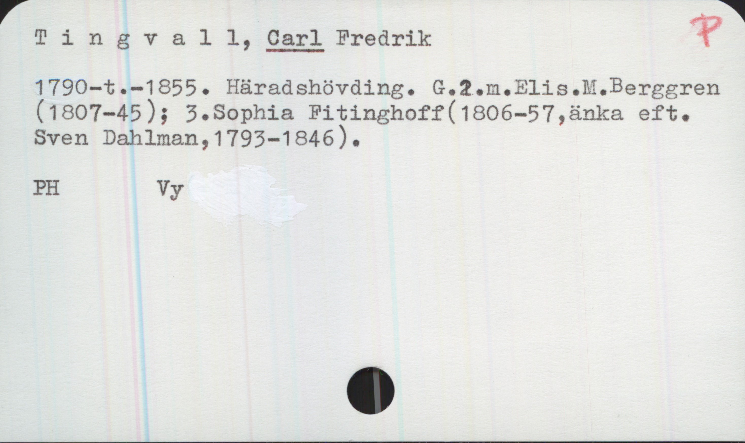 Tingvall, CARL Fredrik (179?-1855) Tingvall, CARL Fredrik
1790-t.-1855. Häradshövding. G.2.m.Elis.M.Berggren(1807-45); 3.Sophia Fitinghoff(1806-57),änka eft. Sven Dahlman,1793-1846).
PH Vy