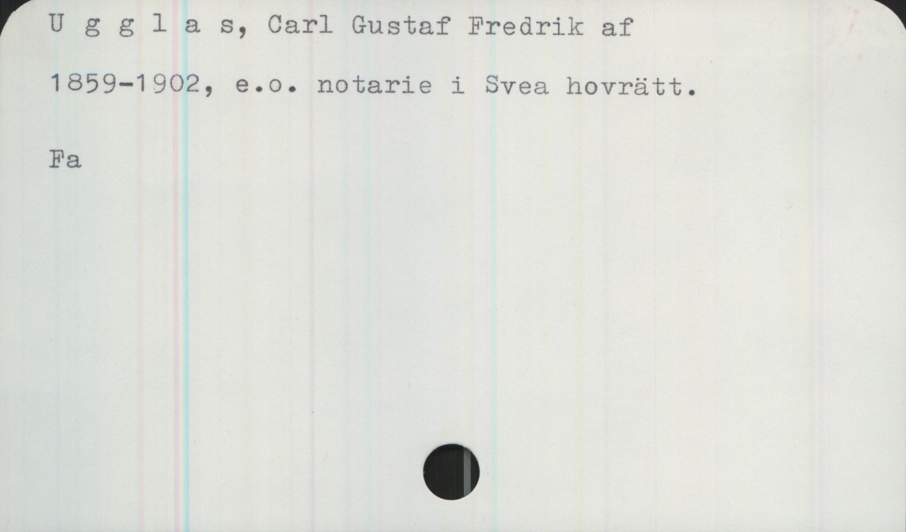  ' Uggla 5, Carl Gustaf Fredrik af 1
1859—1902, e.o. notarie i Svea hovrätt.
Fa
l

