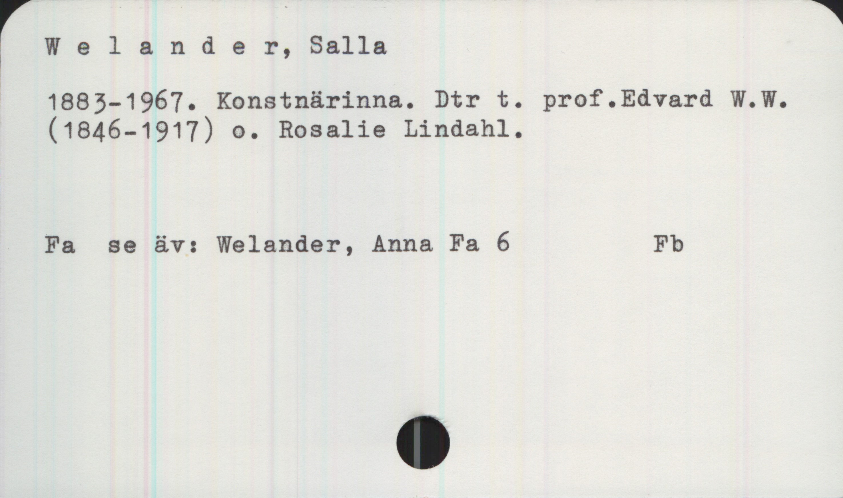 Welander, Salla (1883 - 1967) Welander, Salla
1883-1967. Konstnärinna. Dtr t. Prof. Edvard W.W. (1846-1917) o. Rosalie Lindahl.

Fa 
se äv: Welander, Anna Fa 6 
Fb