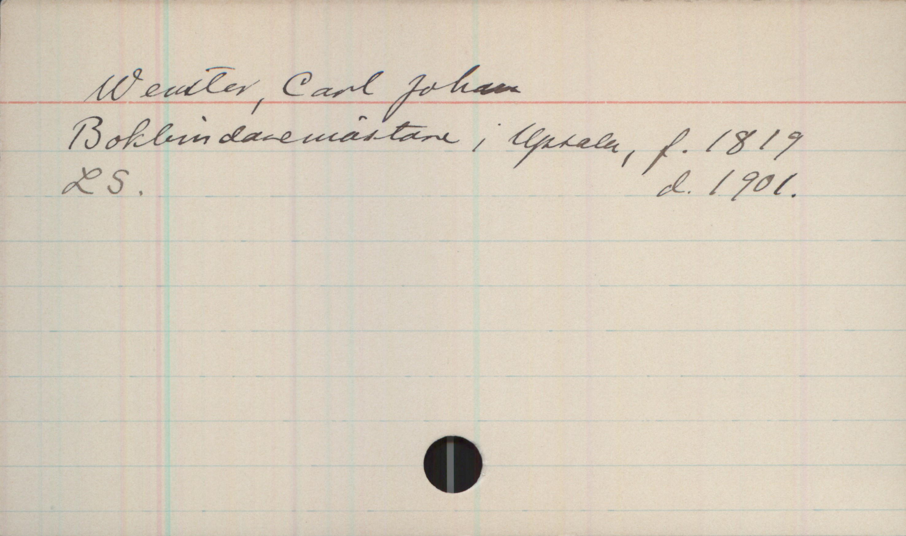 Wenster, Carl Johan (1819-1901) Wenster, Carl Johan
Bokbindaremästare i Upsala, f.1819 d.1901.
LS.