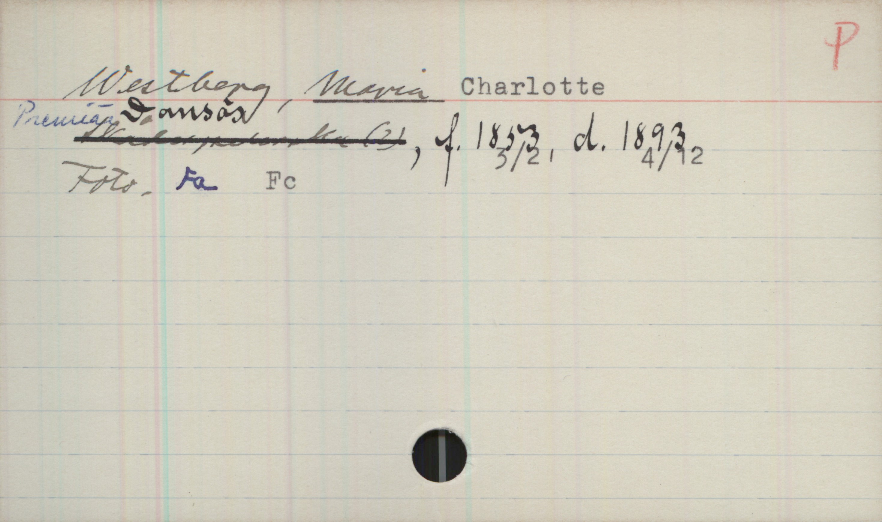 Westberg, MARIA Charlotte (1853-1893) Westberg, MARIA Charlotte
Premiärdansös, f.1853 3/2, d.1893 4/12
Foto. Fa Fc