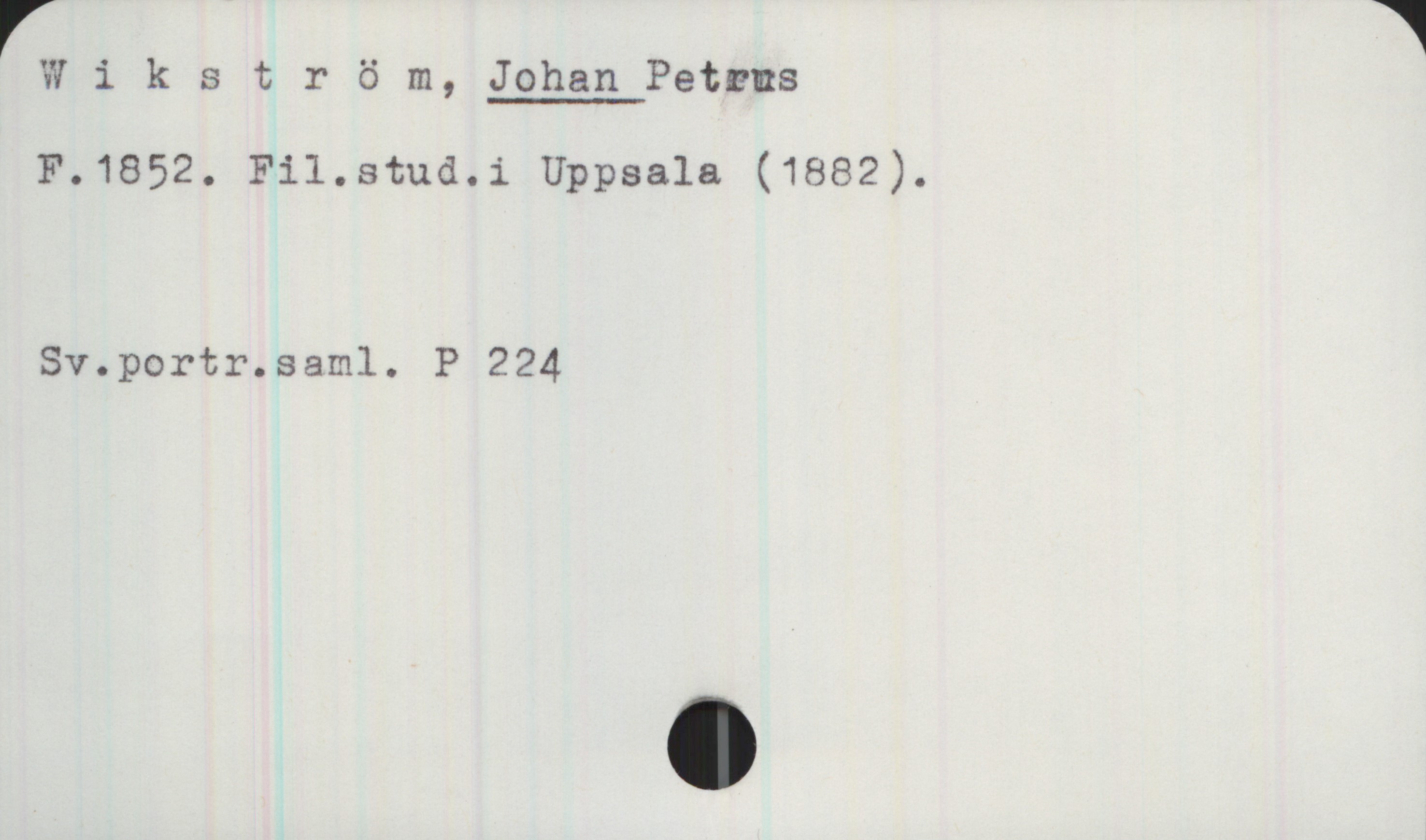 Wikström, JOHAN Petrus (1852- ) Wikström, JOHAN Petrus
F.1852. Fil.stud.i Uppsala (1882).
Sv.portr.saml. P 224