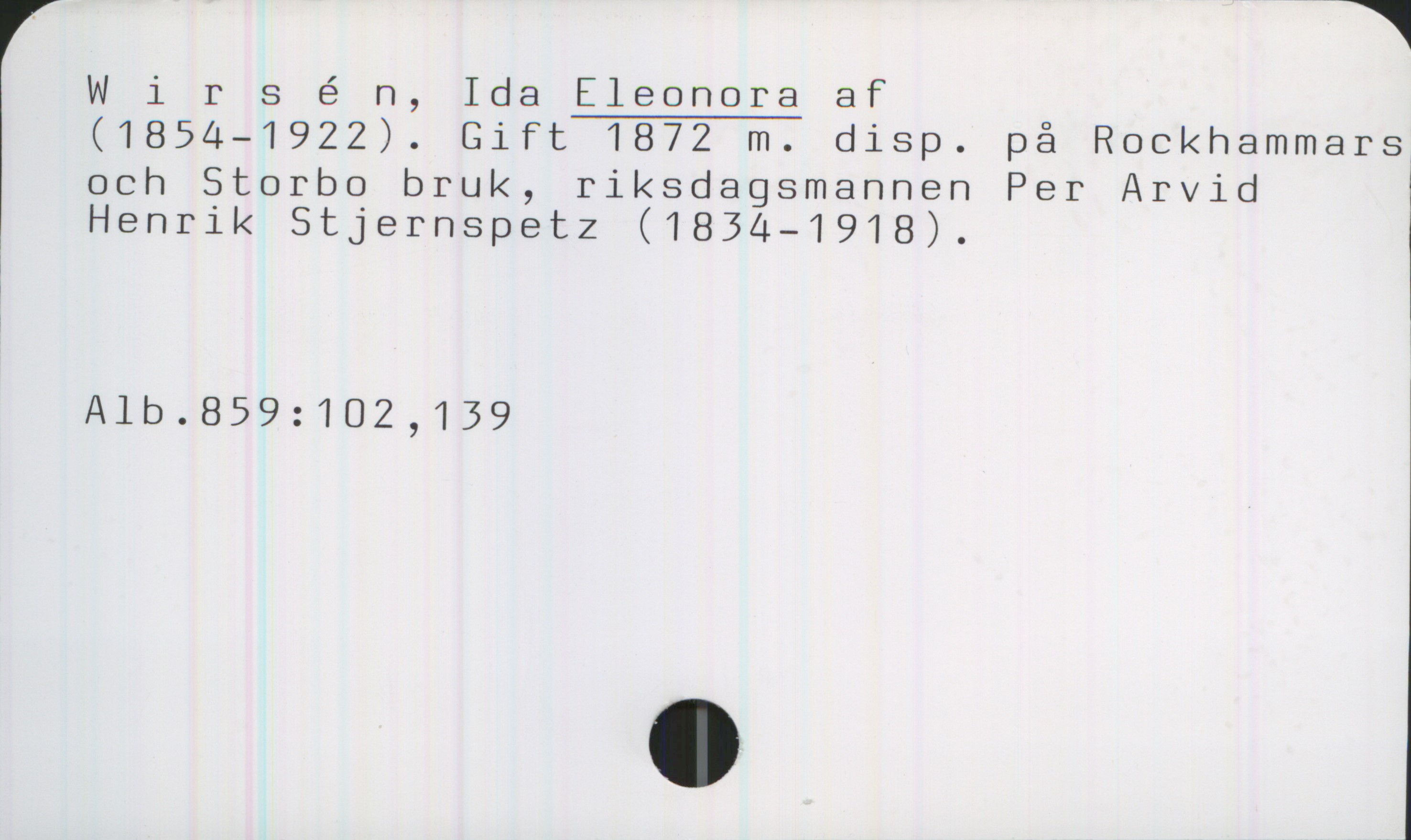  Wlrsén, Ida Eleonora af
(1854—1922). Gift 1872 m. disp. på Rockhammars
och Storbo bruk, riksdagsmannen Per Arvid
Henrik Stjernspetz (1834—1918).

»

l

; !
Alb.859:102,139 i

