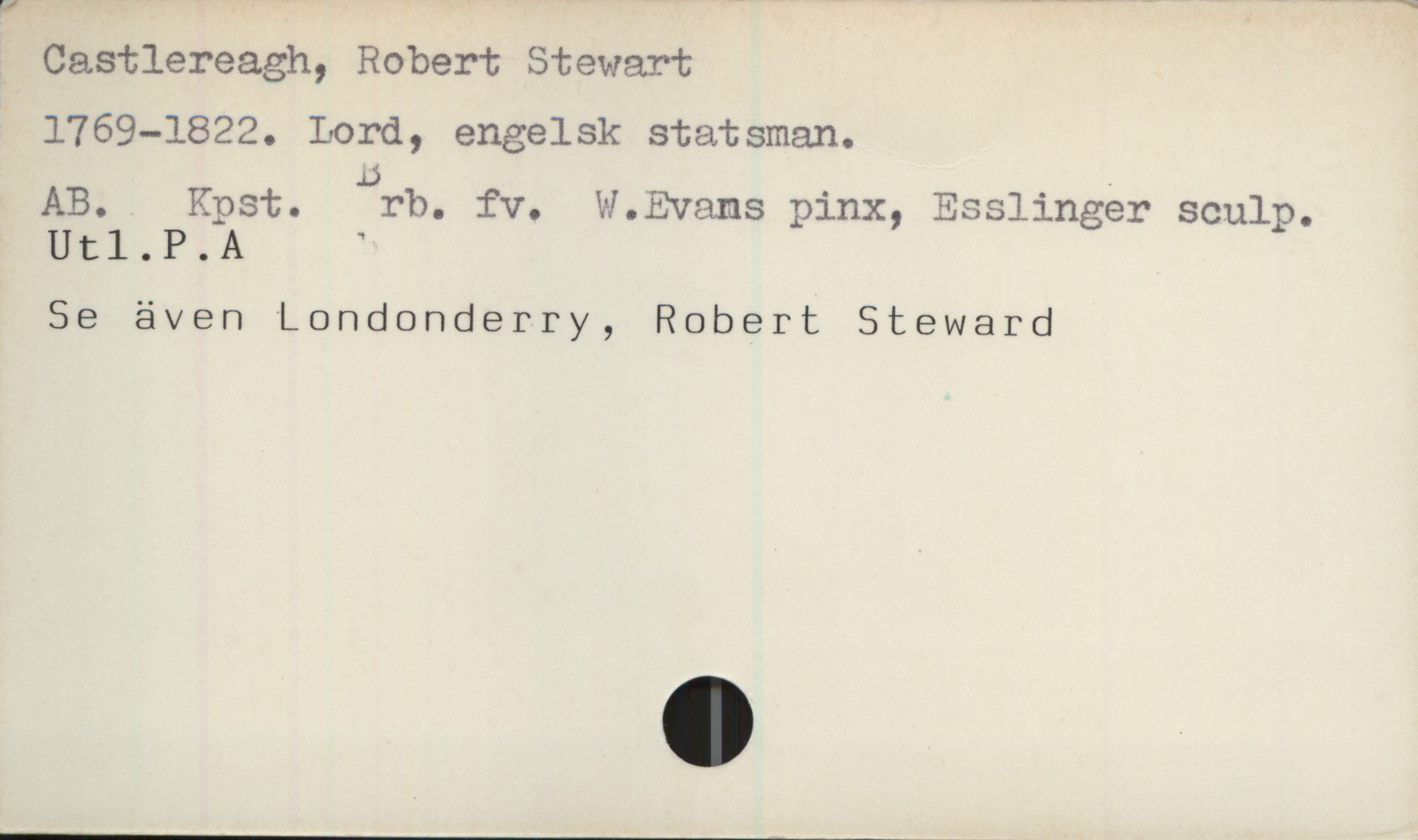 Castlereagh, Robert Stewart (1769-1822) Castlereagh, Robert Stewart
1769—1822. Lord, engelsk statsman.

AB.. Kpst. Brb fv.  W.Evams pinx, Esslinger sculp.
Utl. P.A

Se även Londonderry, Robert Steward