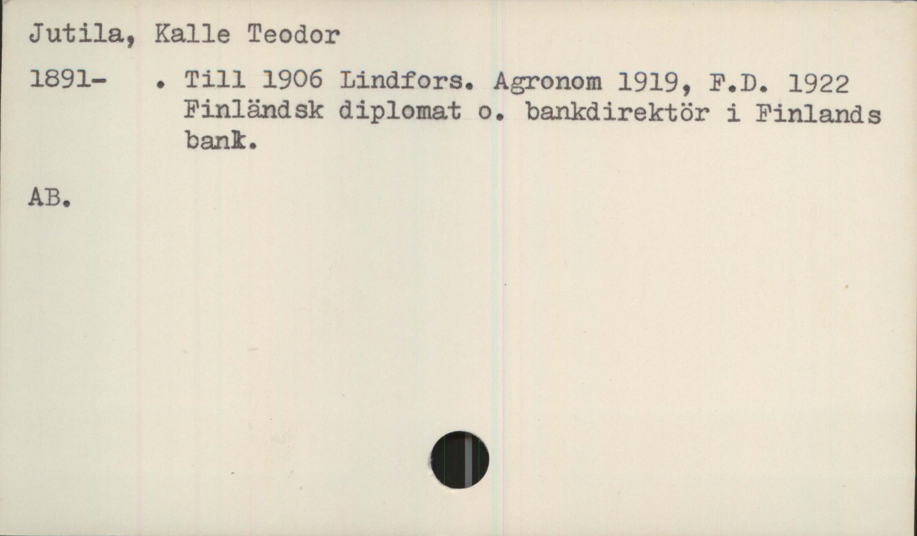  Jutila, Kalle Teodor
Finländsk diplomat o. bankdirektör i Finlands
bank.

AB.

