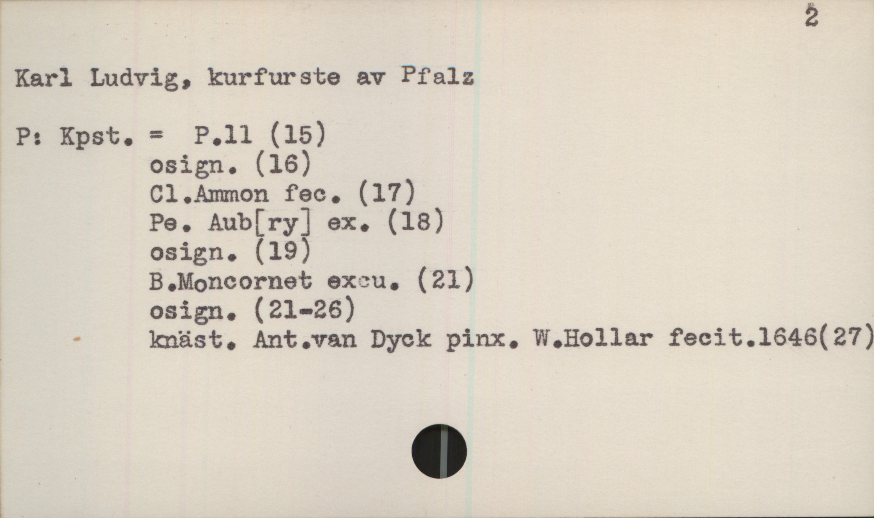  ï 2
Karl Ludvig, kurfurste av Pfalz

& P: Kpst. = P.ll (15)
osign. (16)
Cl.Ammon fec. (17)
Pe. Aub[ry] ex. (18)
osign. (19)
B.Moncornet exeu. (21)
osign. (21-26)

' knäst. Ant.van Dyck pinx. WkHollar fecit.1646(27)


