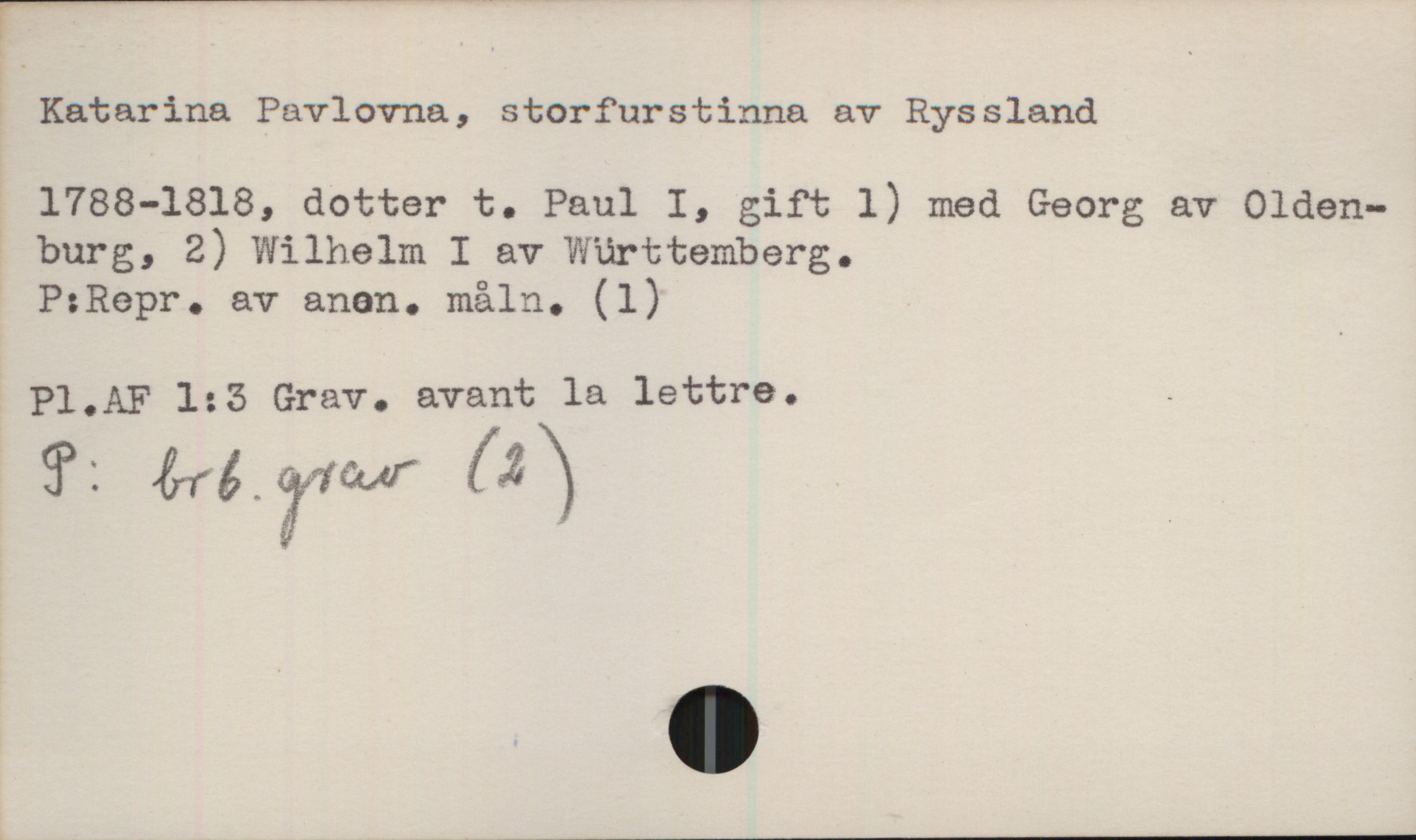  r____w_________WWWWH_,
? Katarina Pavlovna, storfurstinna av Ryssland

1788-1818, dotter t. Paul I, gift 1) med Georg av Olden-
ï burg, 2) Wilhelm I av'Württemberg.

PzRepr. av anen. måln. (1)

P1.AF 1:5 Grav. avant la lettre. _

EF: (käftar (i»

5 _ .


