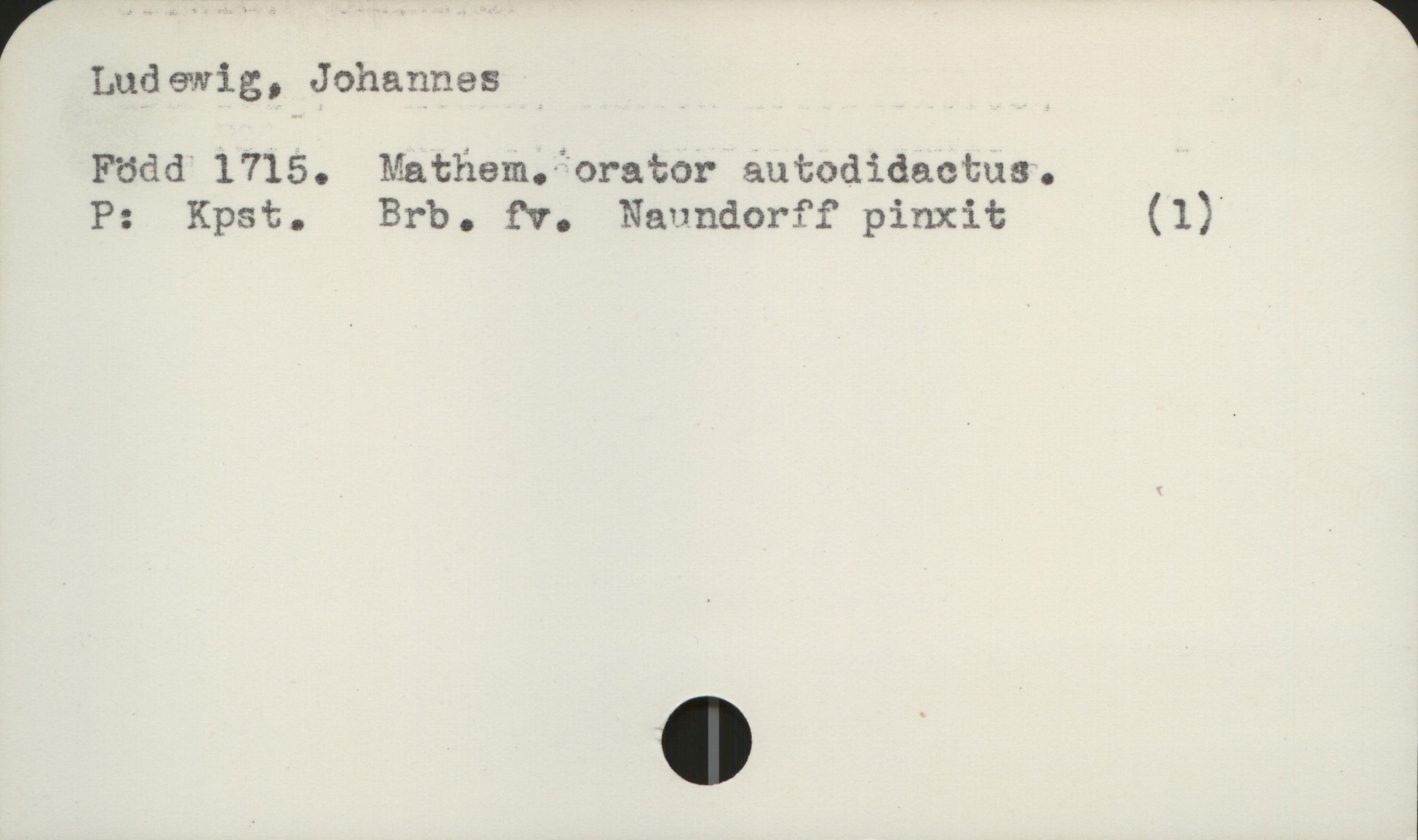  Ludewig, Johannes '
Född" 1715. Mathemforator autodidactus.
P: Kpst. Brb. £v. Naundorff pinxit (1)

