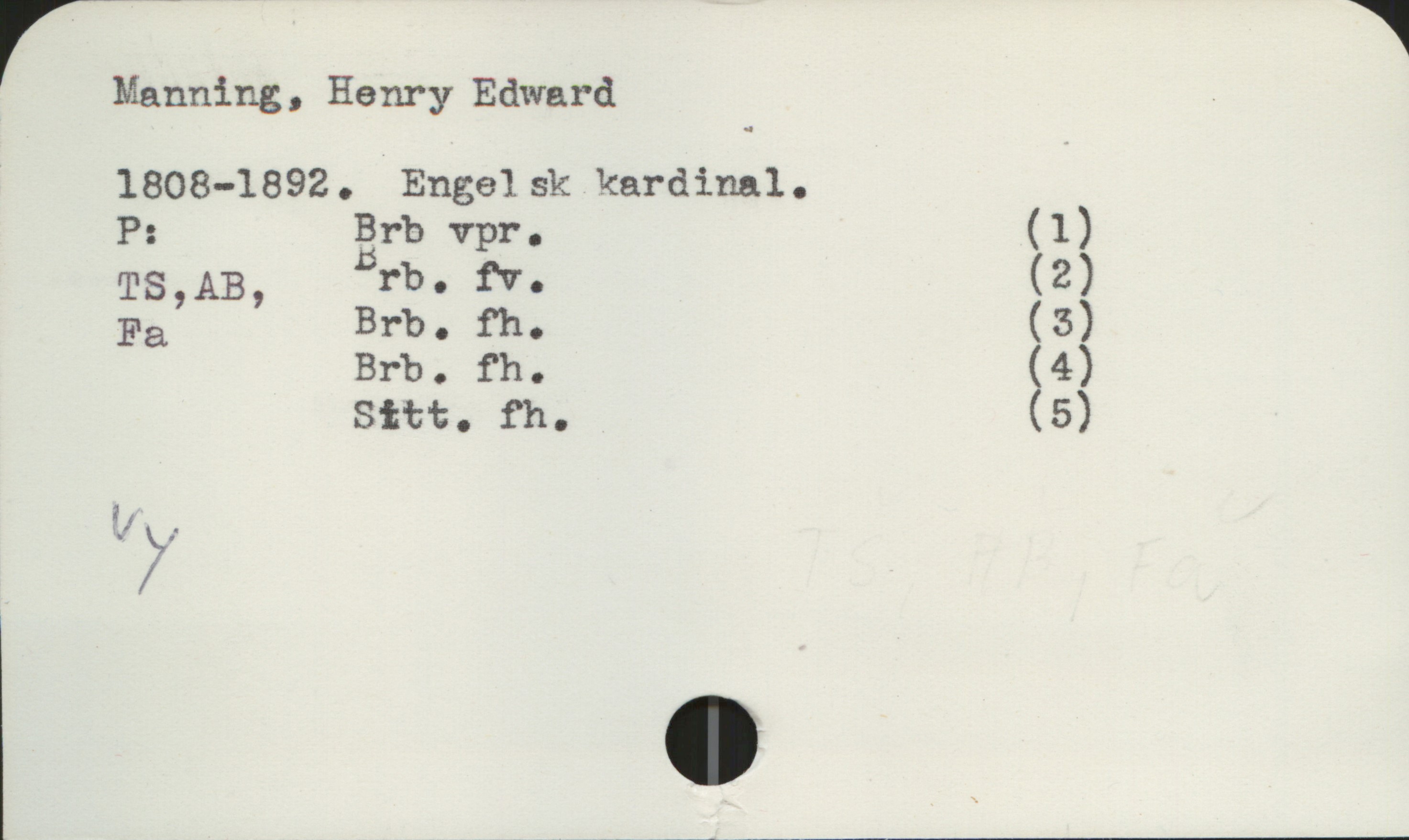  Manning , Henry Edward -

1808-1892. Engelsk kardinal.

P: IBär?) vpr. (1)

TS,AB, rb. fv. (2)

Fa BI'b . fho ( 3)
be. fh. (4)
Sttt. fh. (5)

?'; .

. $.

/


