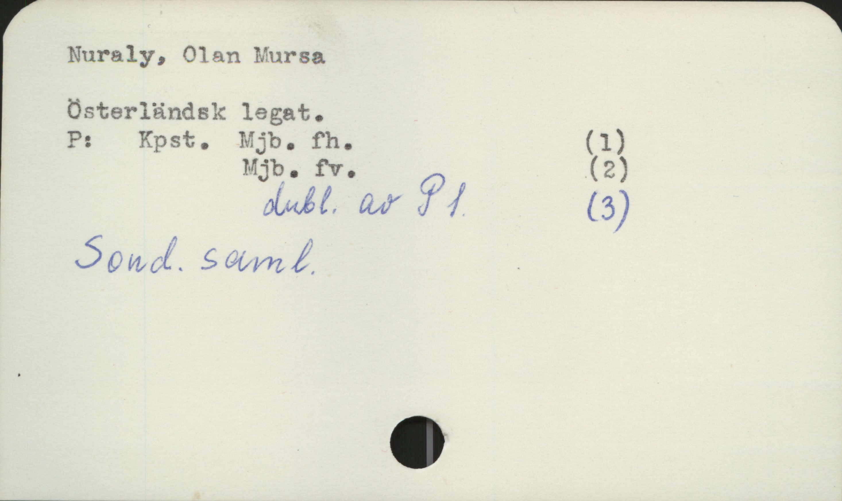 Nuraly, Olan Mursa Nuraly, Olan Mursa
Österländsk legat.

P: Kpst. Mjb. fh. (1)
Mjb. fv. (2)
dubl. av P1 (3)
Sond. saml.