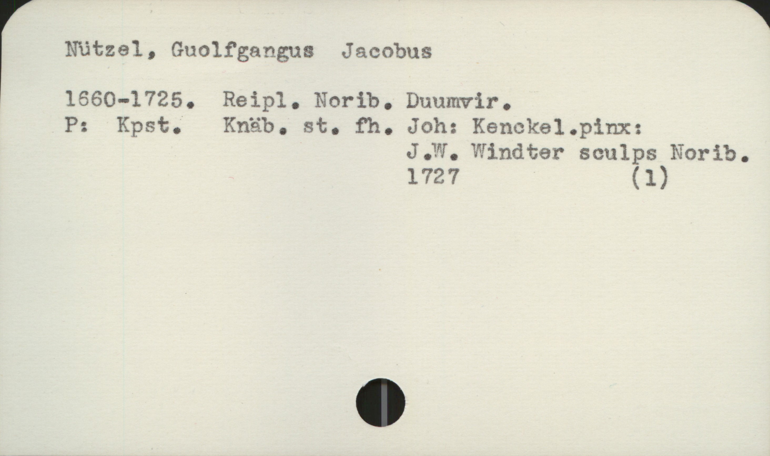 Nützel, Guolfgangus Jacobus 1660-1725 Nützel, Guolfgangus Jacobus
1660-1725. Reipl. Norib. Duumvir.

P: Kpst. Knäb. st. fh. Joh: Kenckel. pinx:
J.W. Windter sculps Norib.
1727 (1)