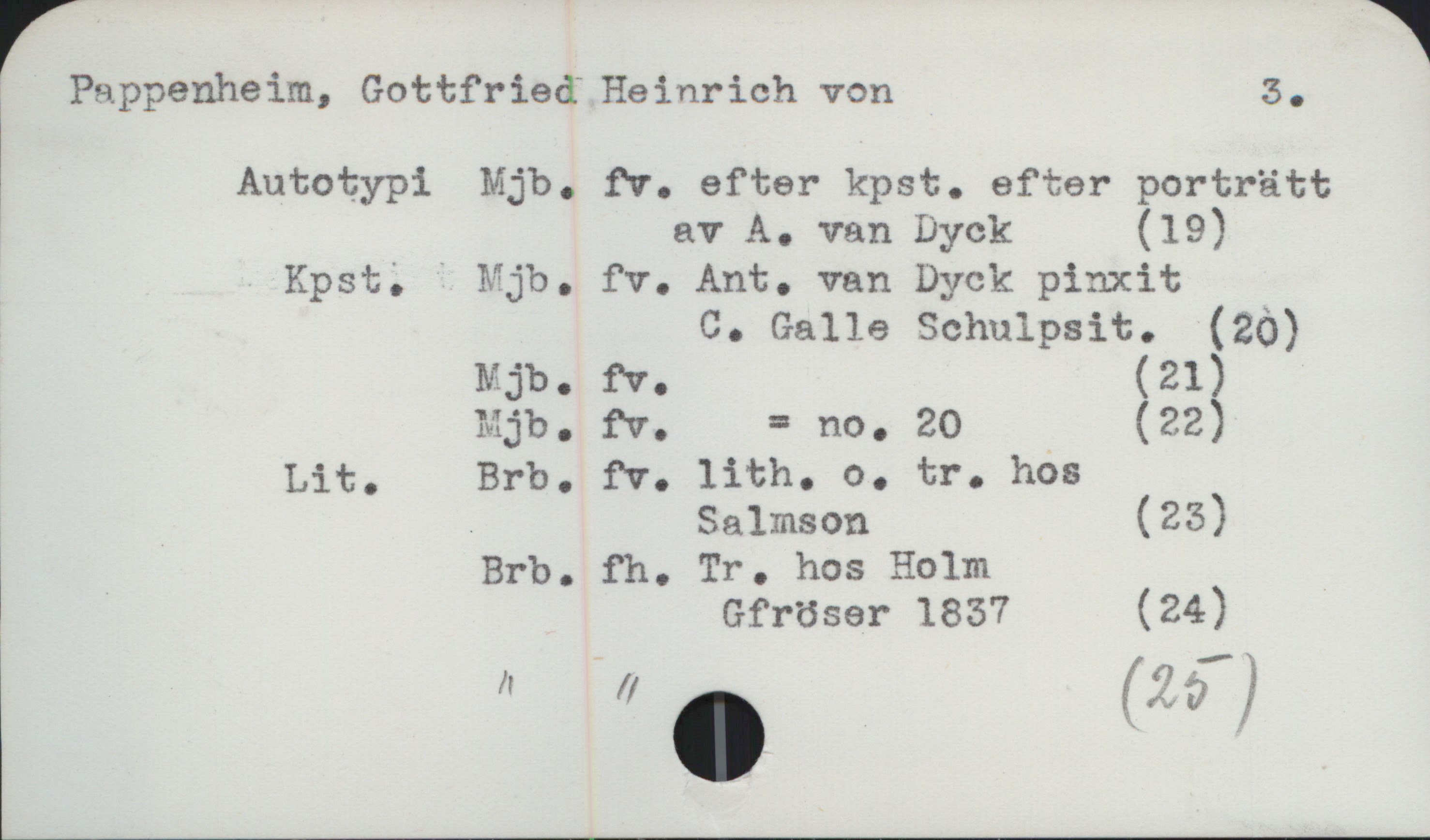 Pappenheim, Gottfried Heinrich von (3) Pappenheim, Gottfried Heinrich von (3)

Autotypi Mjb. fv. efter kpst. efter porträtt av A. van Dyck (19)
Kpst. Mjb. fv. Ant. van Dyck pinxit
C. Galle Schulpsit. (20)
Mjb. fv. (21)
Mjb. fv. = no. 20 (22)
Lit. Brb. fv. lith, o. tr. hos Salmson (23)
Brb. fh. Tr. hos Holm Gfröser 1837 (24)
" " (25)