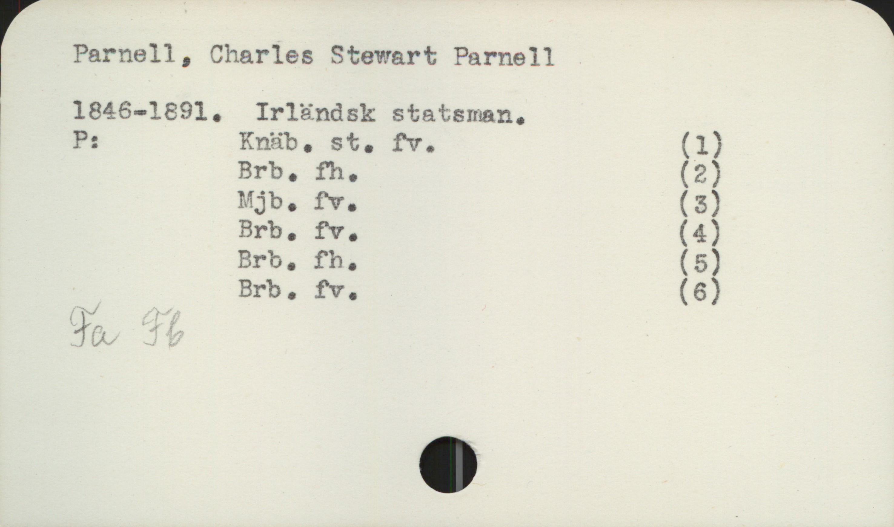 Parnell, Charles Stewart Parnell 1846-1891 Parnell, Charles Stewart Parnell
1846-1891. Irländsk statsman.

P: Knäb. st. fv. (1)
Brb. fh. (2)
Mjb. fv. (3)
Brb. fv. (4)
Brb. fh. (5)
Brb. fv. (6)