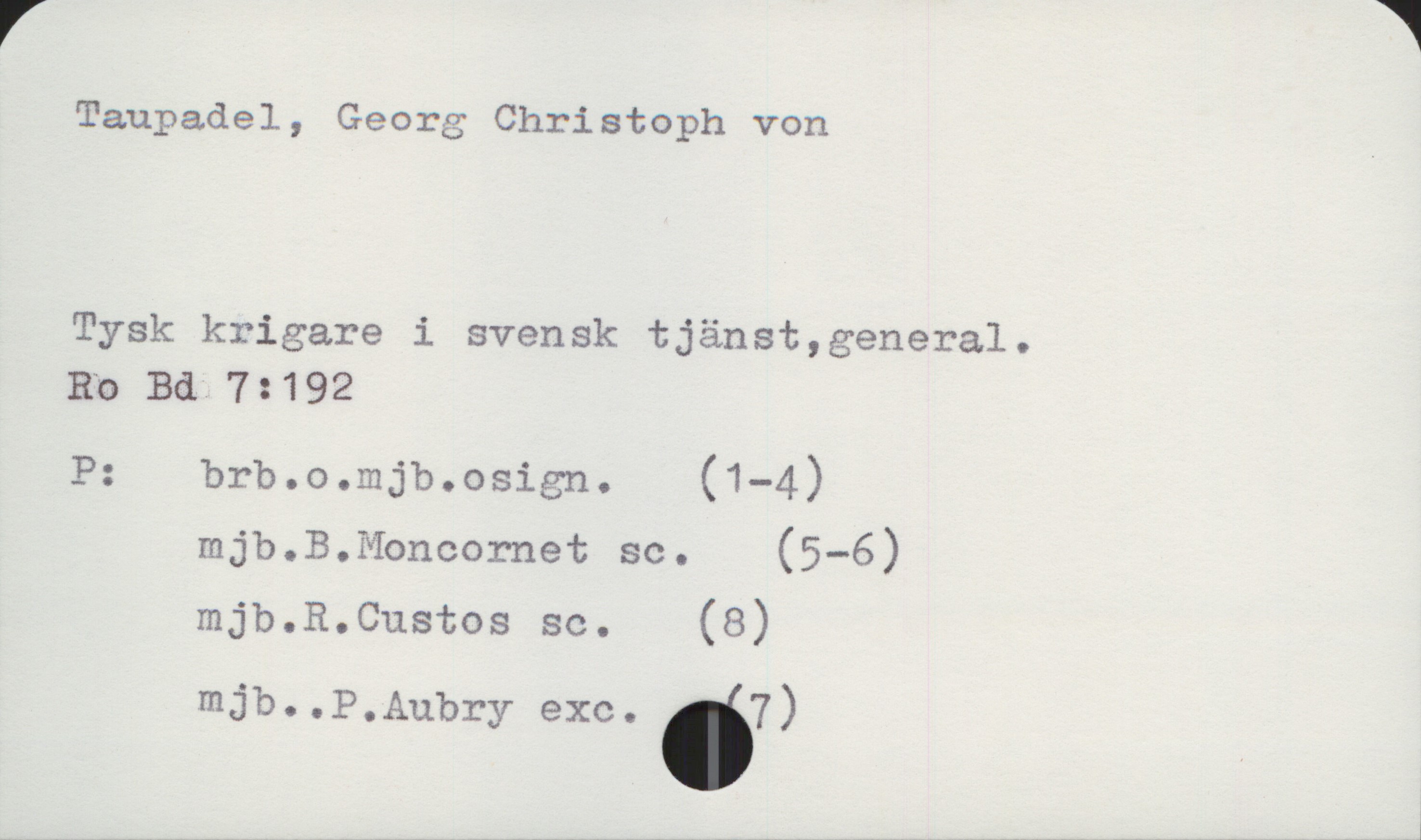  r W
Taupadel, Georg Christoph von _
Tysk krigare i svensk tjänst,genera1.

Rb Bd.7=192
mjb.B.Mbncornet sc. (5—6)
mjb.R.Custos sc. (8)
mjb. .P.Aubry exo. .?)
"WW,_W,WW,,,,M, WWWWW ,W, * l

