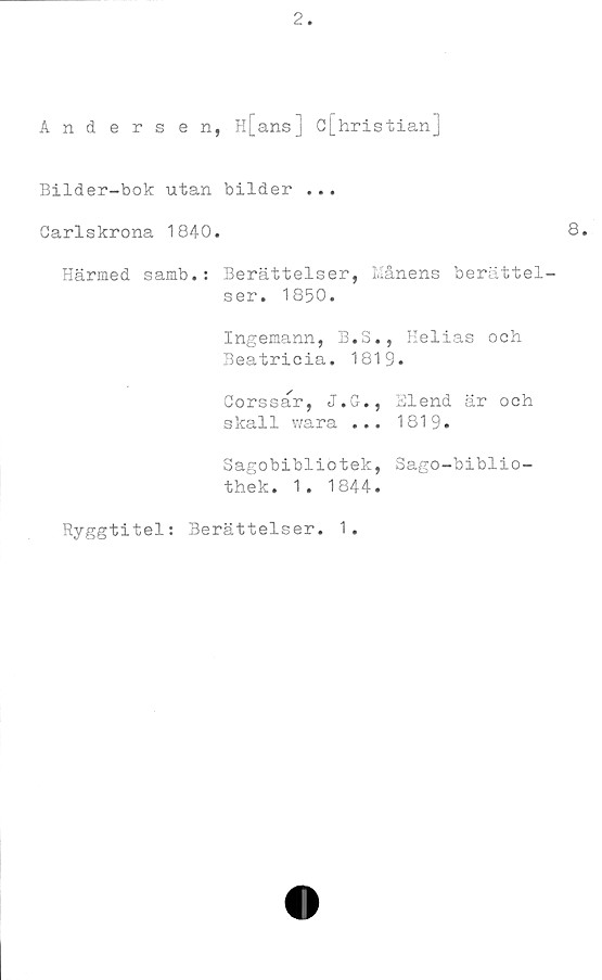  ﻿Andersen, H[ans] c[hristian]
Bilder-bok utan bilder ...
Carlskrona 1840.
Härmed samb.: Berättelser, Månens berättel-
ser. 1850.
Ingemann, B.S., Helias och
Beatricia. 1819.
Corssar, J.G., Elend är och
skall vvara ... 1819.
Sagobibliotek, Sago-biblio-
thek. 1. 1844.
Ryggtitel: Berättelser. 1