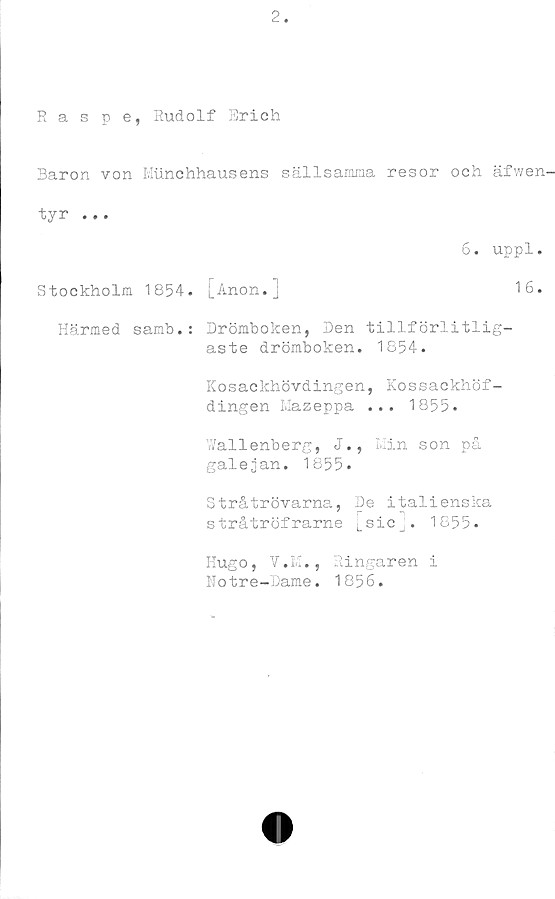 ﻿Raspe, Rudolf Erich
Baron von Munchhausens sällsamma resor och äfwen
tyr ...
6. uppl.
Stockholm 1854. [Anon.j	16.
Härmed samb.: Drömboken, Den tillförlitlig-
aste drömboken. 1854.
Kosackhövdingen, Kossackhöf-
dingen Mazeppa ... 1855.
Wallenberg, J., Min son på
galejan. 1855.
Stråtrövarna, De italienska
r i
stråtröfrarne LsicJ. 1855.
Hugo, V.M., Ringaren i
Hotre-Dame. 1856.