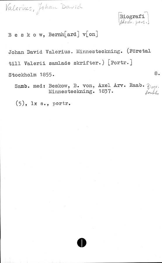  ﻿Ya£e riÅjLS	,i

Biografi
'JÄt ii*. ji-t-vi, j
Beskow, Bernh[ard] v[on]
Johan David Valerius. Minnesteckning. (Pöretal
till Valerii samlade skrifter.) [Portr.]
Stockholm 1855.	8.
Samb. meds Beskow, B. von, Axel Arv. Raab. '
Minnesteckning. 1837.
aty>
J *>•>•£,
(5), lx s., portr