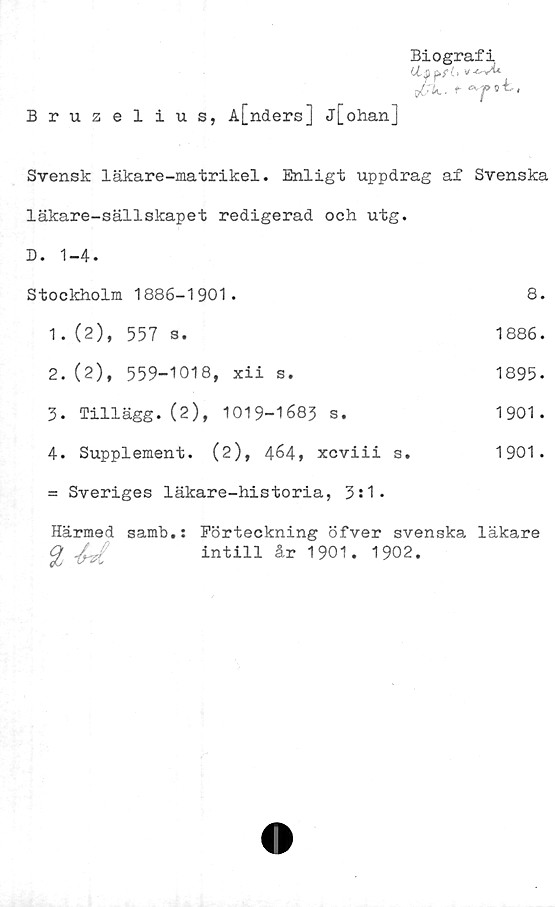  ﻿Biografi
t£.^)p wWt*
yOk- t Orfll t,
Bruzelius, A[nders] j[ohan]
Svensk läkare-matrikel. Enligt uppdrag af Svenska
läkare-sällskapet redigerad och utg. D. 1-4.	
Stockholm 1886-1901.	8.
1.(2), 557 s.	1886.
2. (2), 559-1018, xii s.	1895.
3. Tillägg. (2), 1019-1683 s.	1901.
4. Supplement. (2), 464, xcviii s. = Sveriges läkare-historia, 3:1.	1901 .
Härmed samb.: Förteckning öfver svenska läkare
g ^	intill år 1901. 1902.