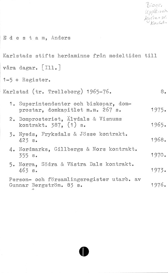 Karlstads stifts herdaminne från medeltiden till våra dagar, [ill.] Edestam, Anders
Karlstads stifts herdaminne från medeltiden till
våra dagar, [ill.]

1-5 + Register.

Karlstad (tr. Trelleborg) 1965-76.	8.

1. Superintendenter och biskopar, dom-
prostar, domkapitlet m.m. 267 s. 1975.

2. Domprosteriet, Älvdals & Visnums
kontrakt. 387 (1)	s. 1965.

3. Nyeds, Fryksdals & Jösse kontrakt.
423 s. 1968.

4. Nordmarks, Gillbergs & Nors kontrakt.
355 s. 1970.

5. Norra, Södra & Västra Dals kontrakt.
463 s. 1973.

Person- och församlingsregister utarb. av
Gunnar Bergström. 83 s. 1976