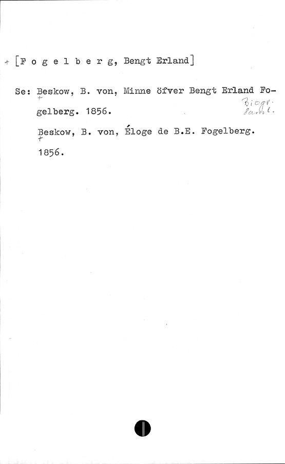 Se: Beskow, B. von, Minne öfver Bengt Erland Fo- gelberg. 1856. ﻿[Fogelberg, Bengt Erland]

Se: Beskow, B. von, Minne öfver Bengt Erland Fo-
gelberg. 1856.	,

Beskow, B. von, Éloge de B.E. Fogelberg.
1856.